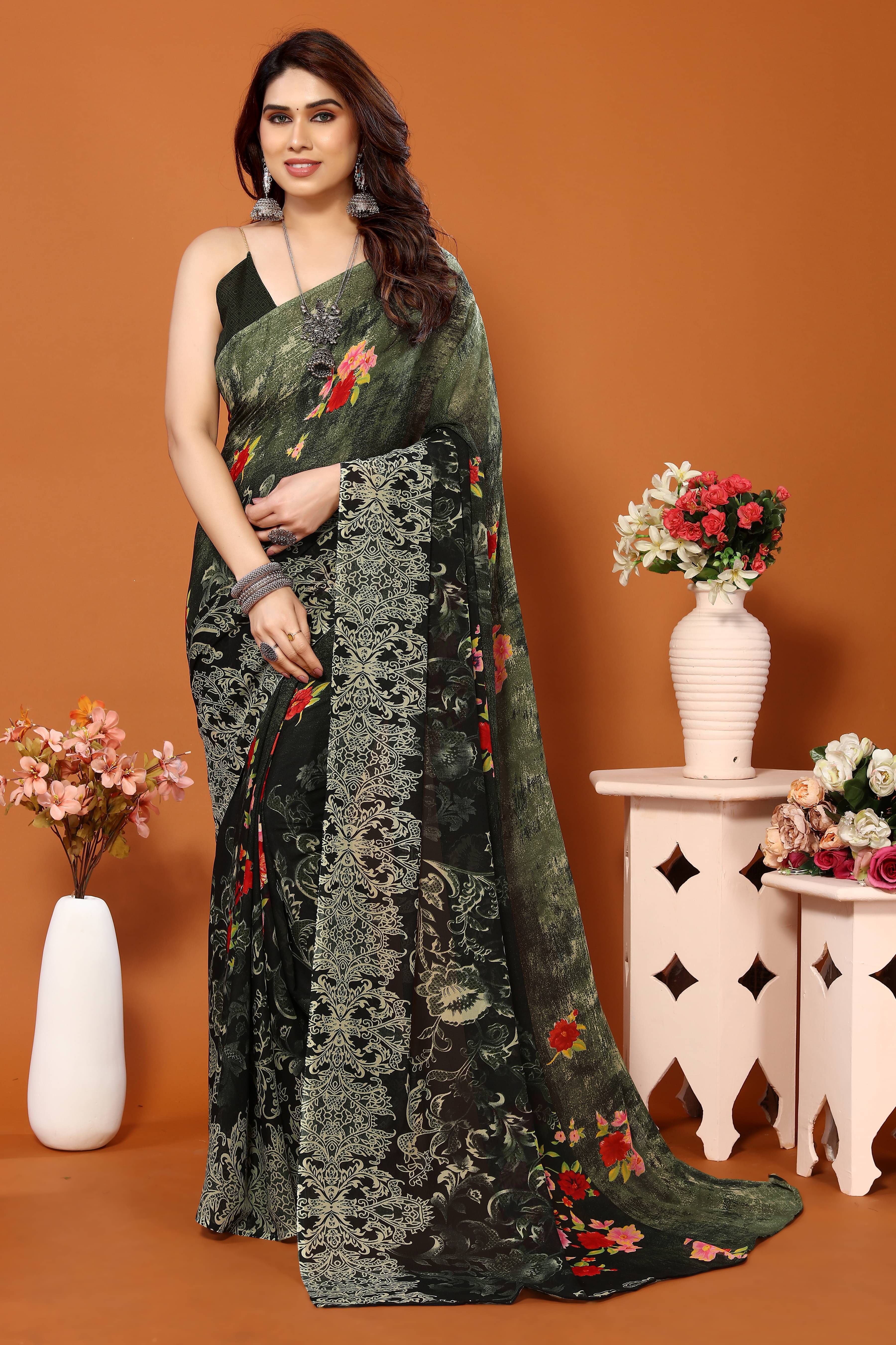 ANAND SAREES Georgette Printed Chanderi saree With Unstitched Blouse Piece ( Green ) ANAND SAREES Georgette Printed Chanderi saree With Unstitched Blouse Piece ( Green )