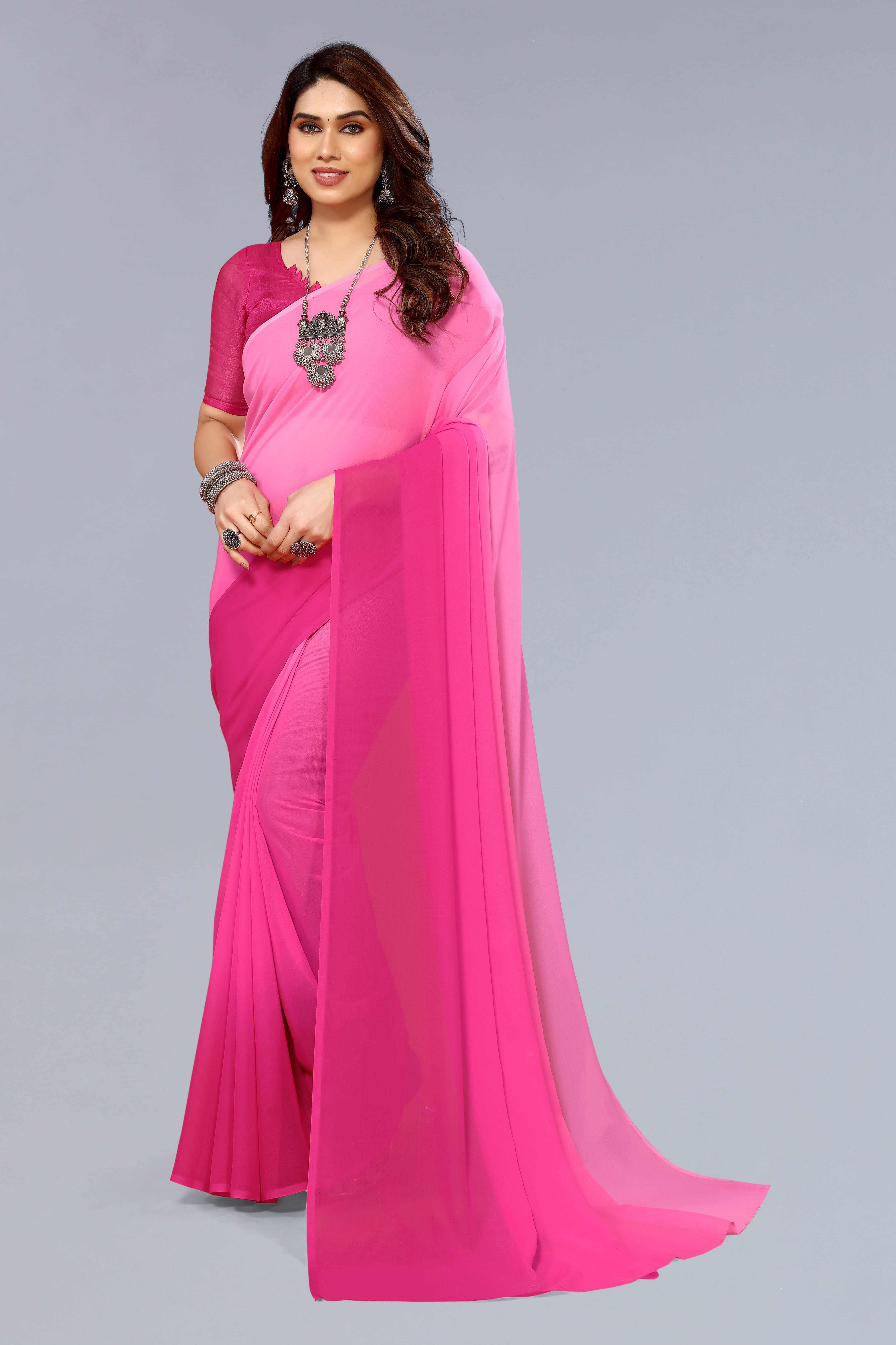     			ANAND SAREES Georgette Solid Kasavu Saree With Unstitched Blouse Piece ( Pink )