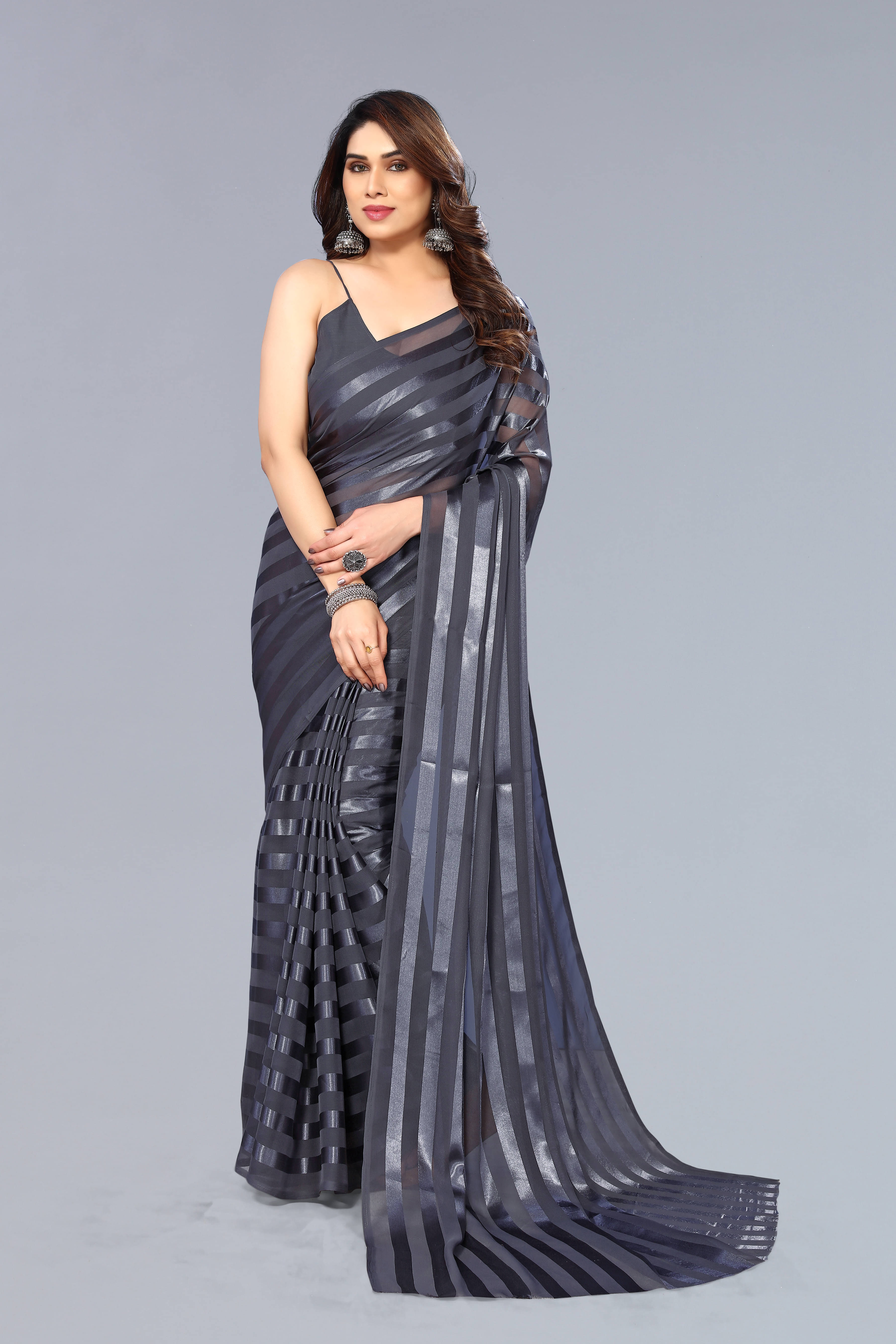 ANAND SAREES Satin Embellished Kasavu Saree With Unstitched Blouse Piece ( Grey ) ANAND SAREES Satin Embellished Kasavu Saree With Unstitched Blouse Piece ( Grey )