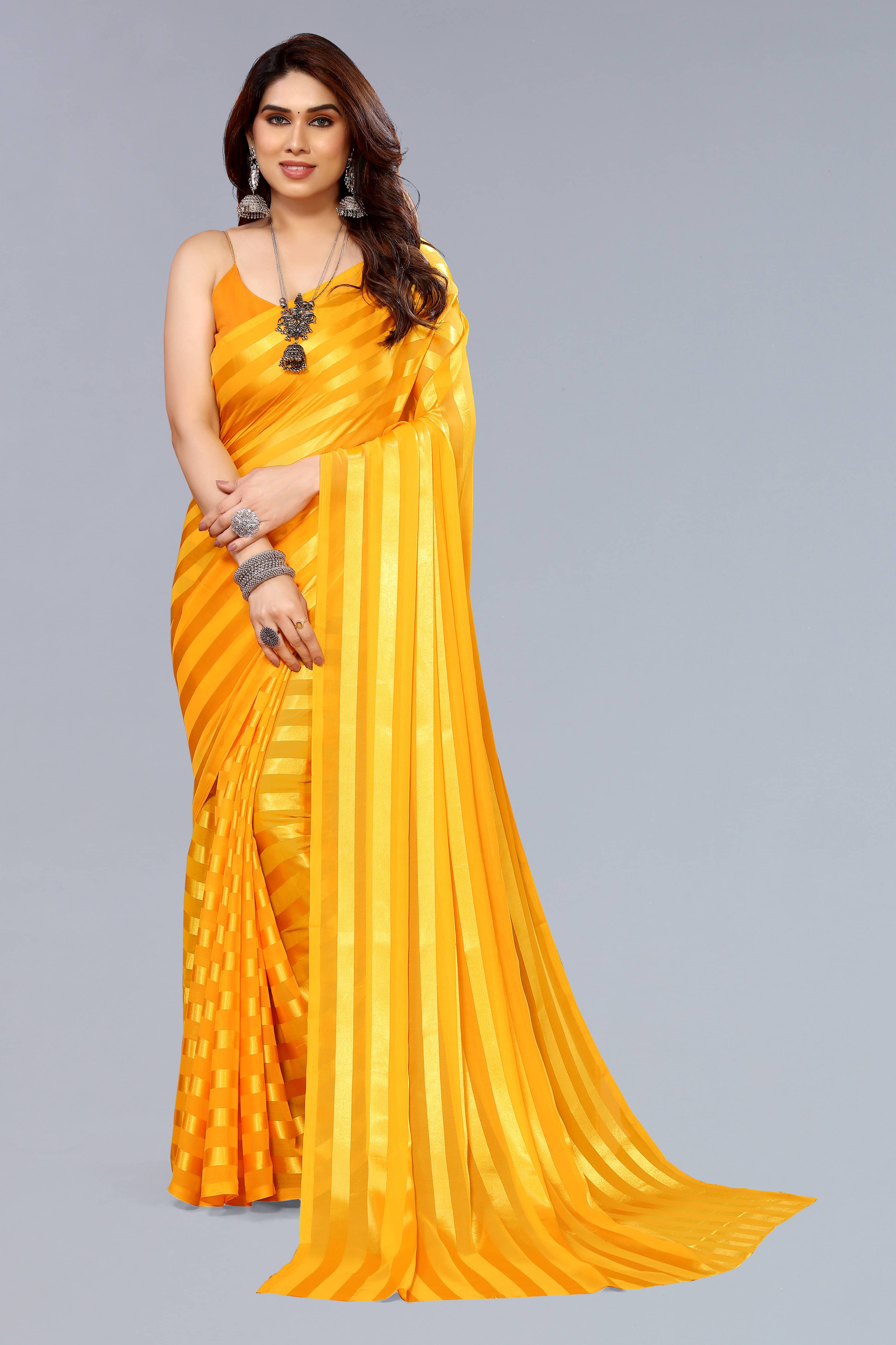     			ANAND SAREES Satin Embellished Kasavu Saree With Unstitched Blouse Piece ( Yellow )