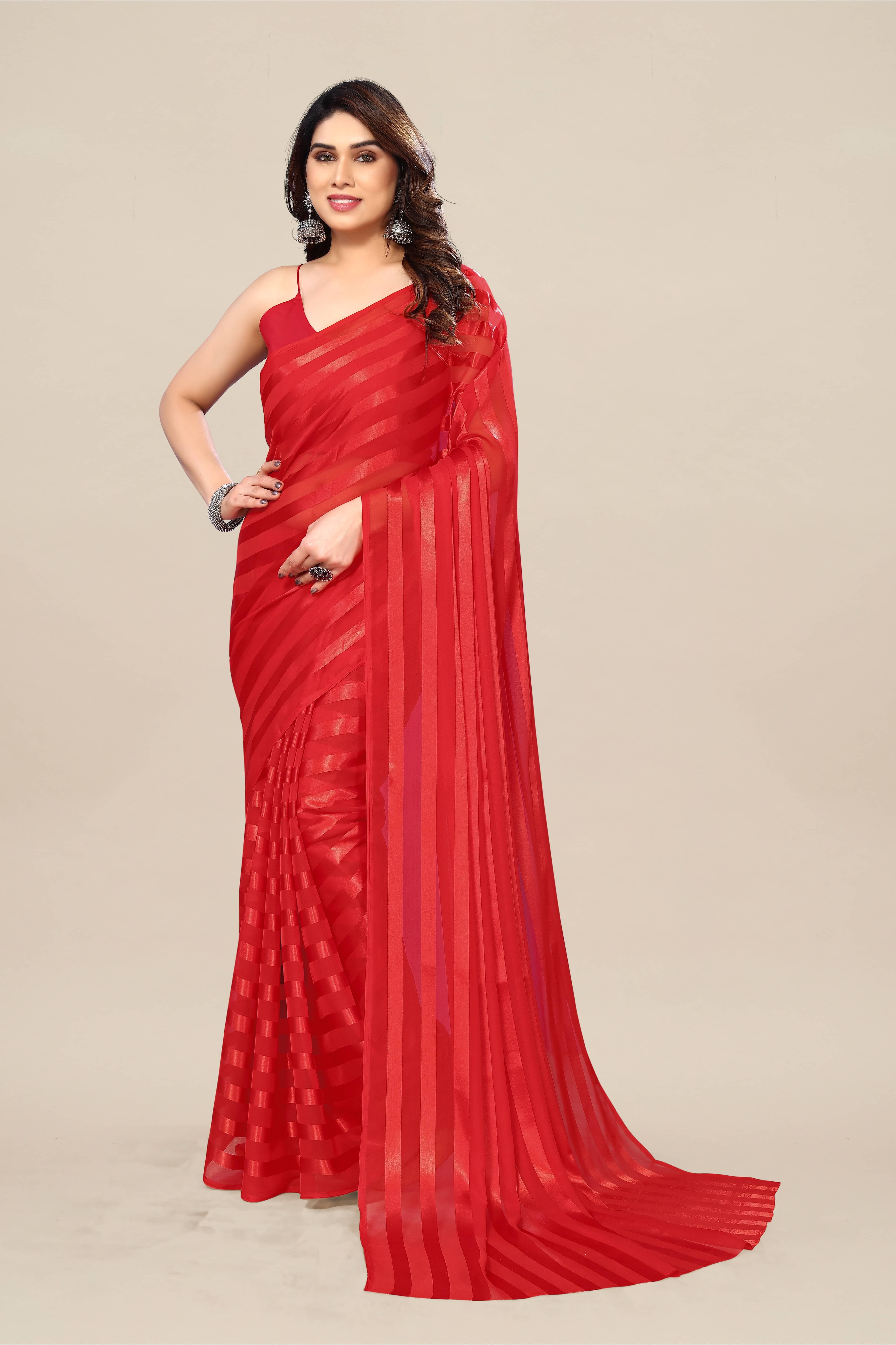     			ANAND SAREES Satin Embellished Kasavu Saree With Unstitched Blouse Piece ( Red )