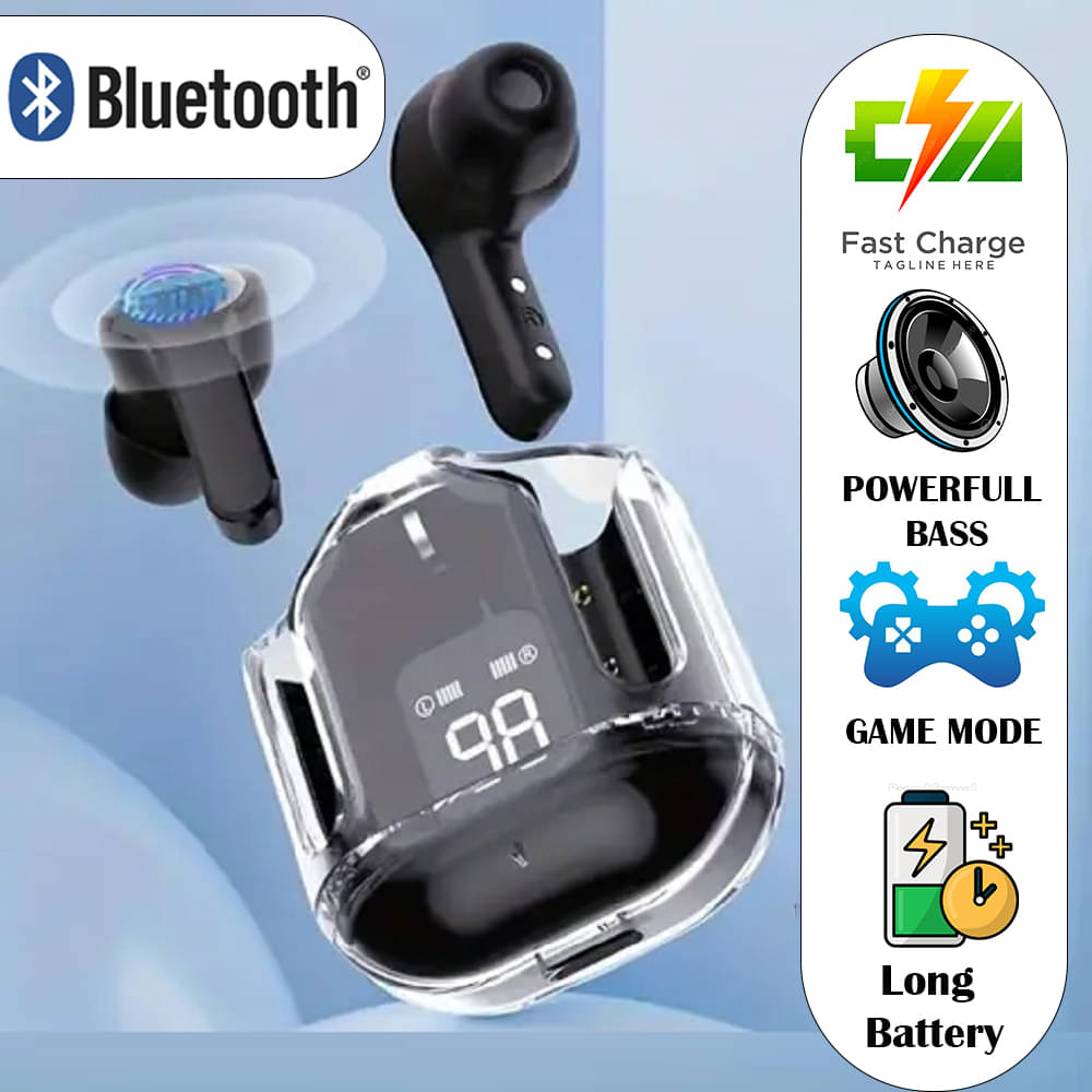     			Crystal-Clear Bluetooth Earbuds with Touch Control & Transparent Charging Case