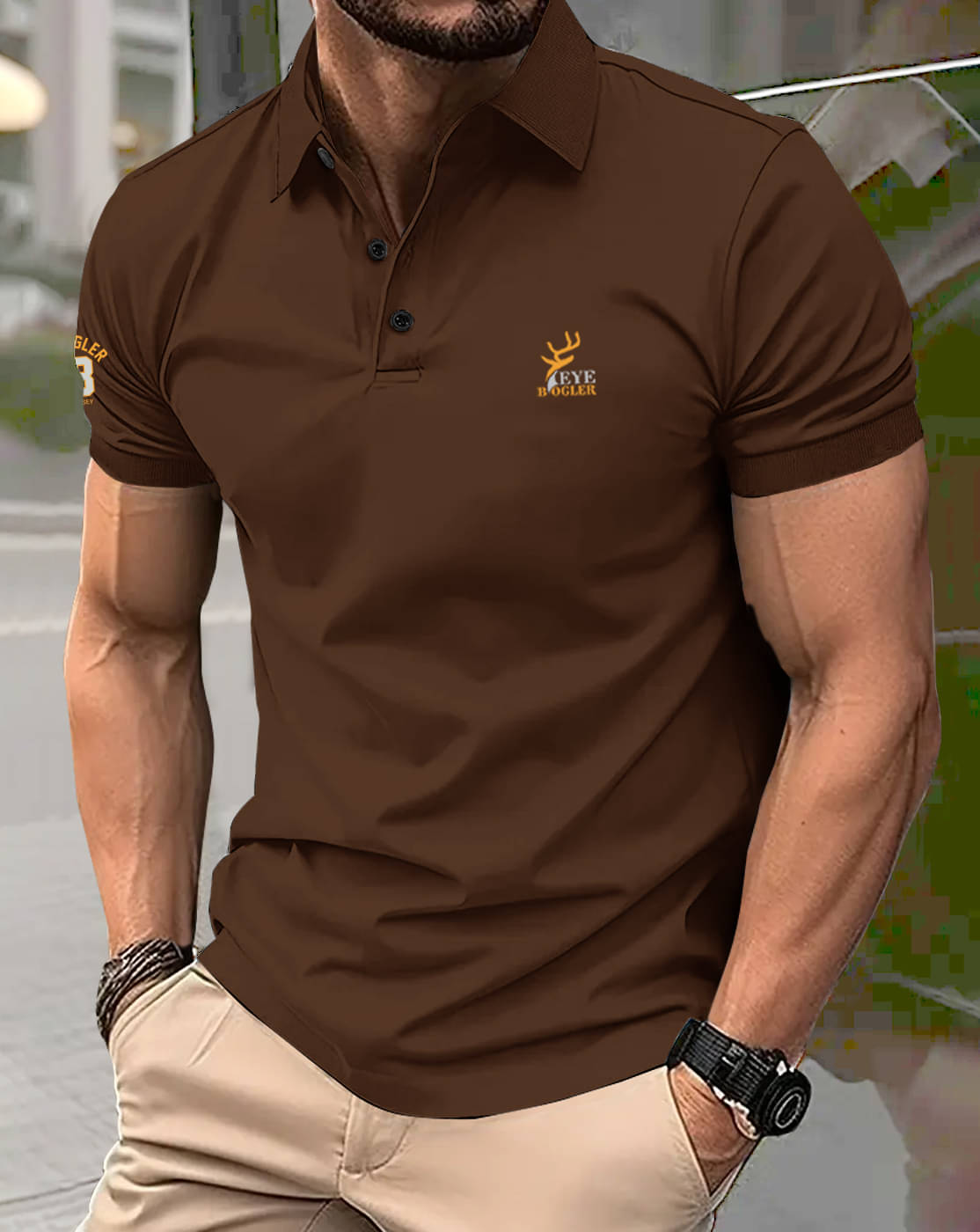     			Eyebogler Cotton Blend Regular Fit Printed Half Sleeves Men's Mandarin Collar T-Shirt - Brown ( Pack of 1 )