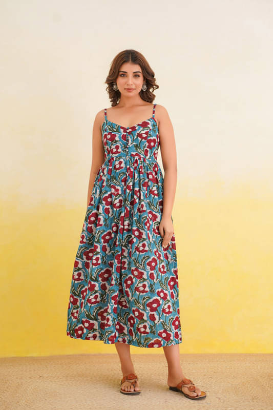 Goodhand Women Cotton Printed Fit & Flare Dress ( Turquoise ) Goodhand Women Cotton Printed Fit & Flare Dress ( Turquoise )