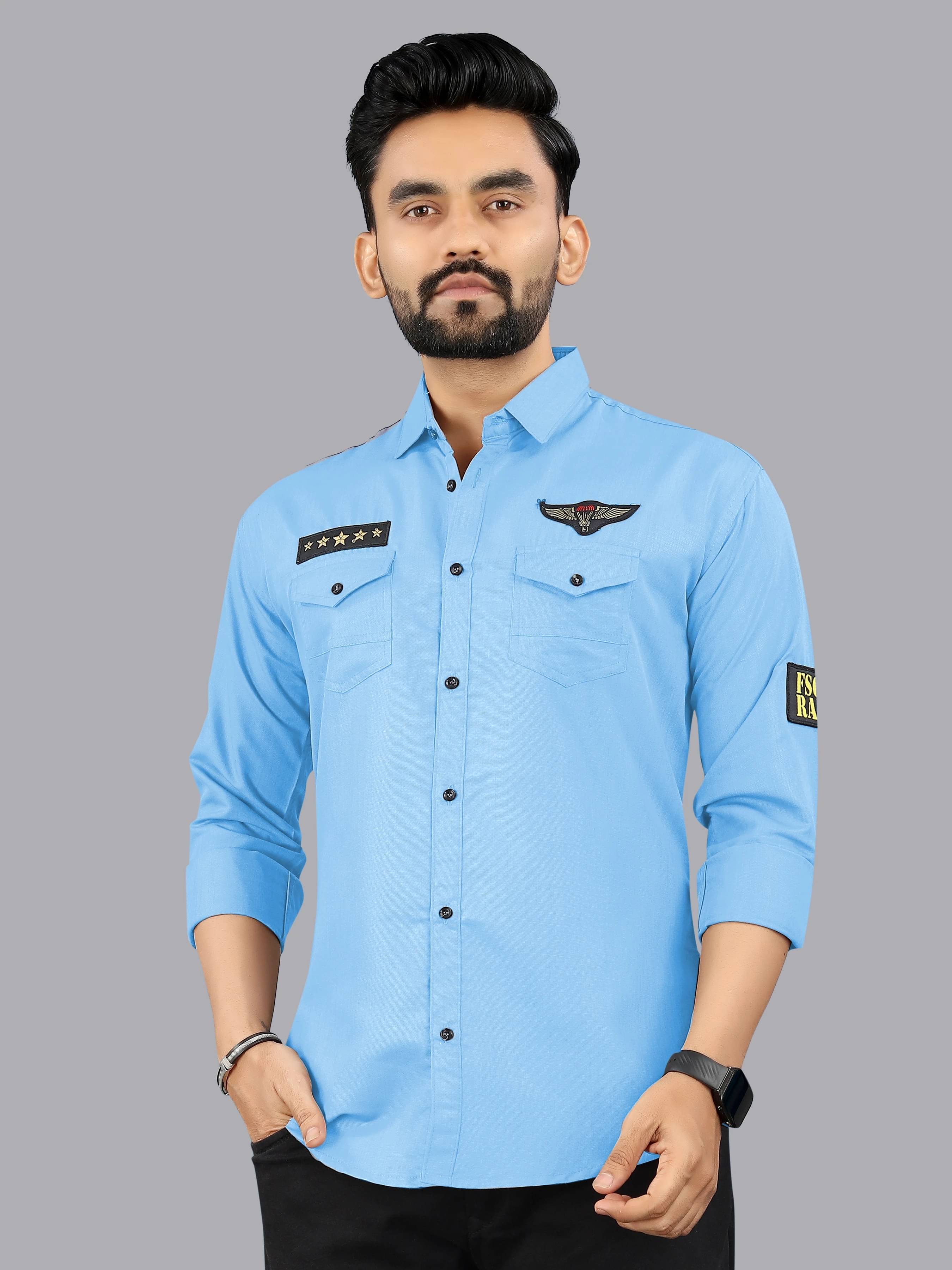     			Greenflair Cotton Blend Regular Fit Self Design Full Sleeves Men's Casual Shirt - Light Blue ( Pack of 1 )