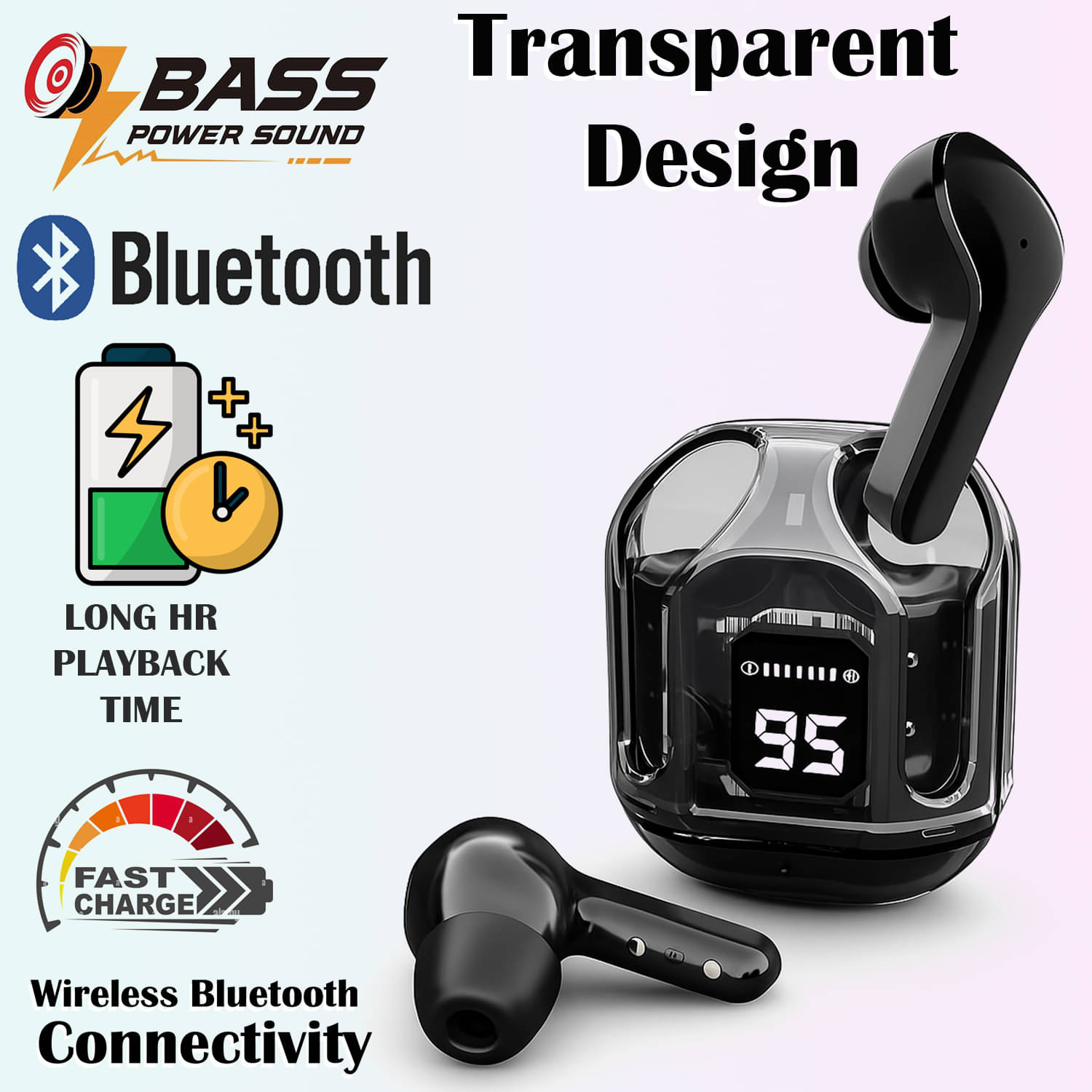     			In-Ear Wireless Earbuds – Noise Cancelling, LED Display, Water Resistant (Black)