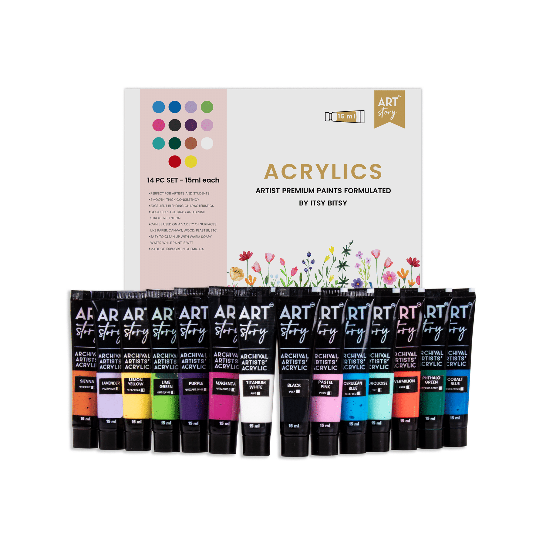     			Itsy Bitsy Art Story Artists Acrylic Colour Set 14 Colors X 15ml each