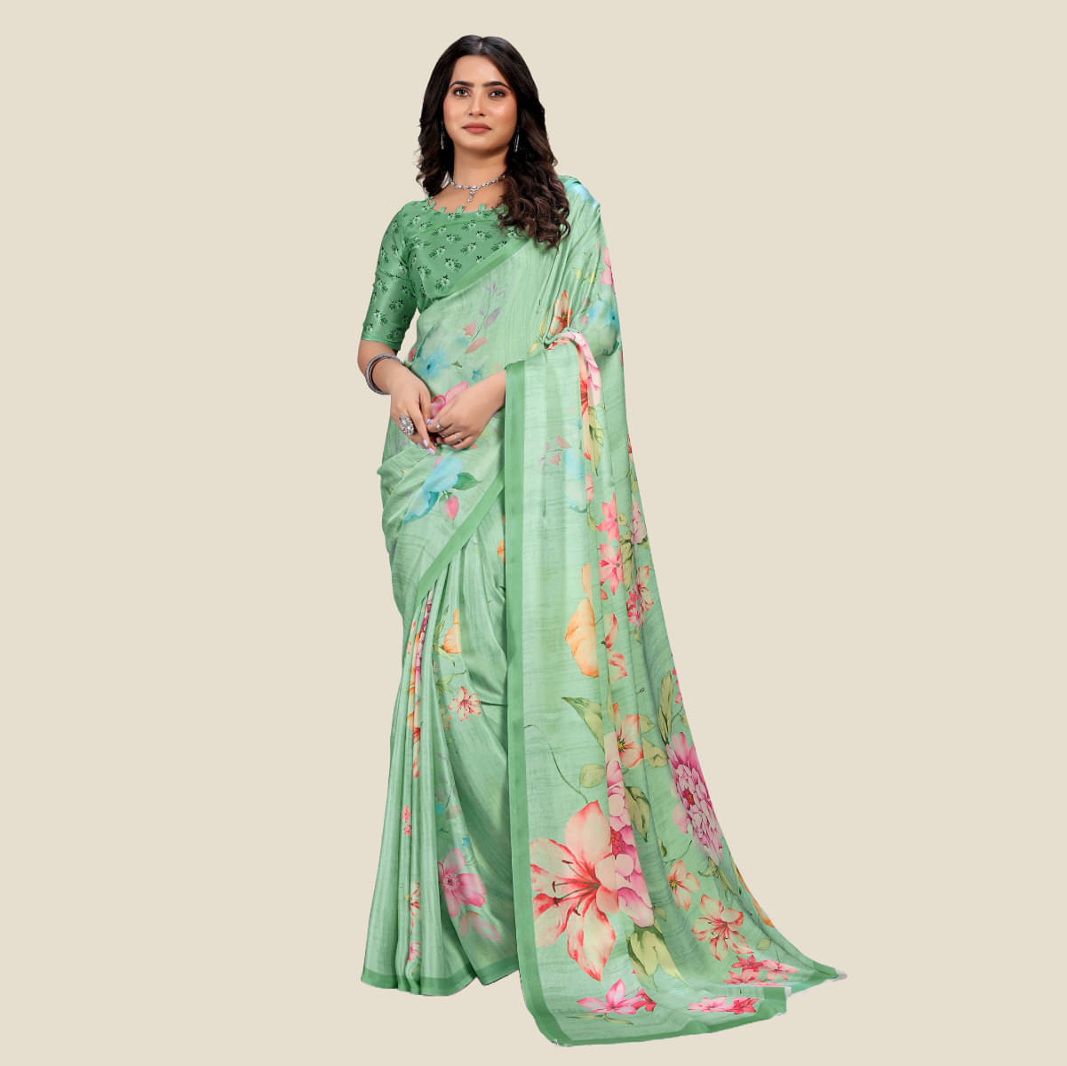    			JVASTRAMODA Satin Printed Regular Saree With Unstitched Blouse Piece ( Green )