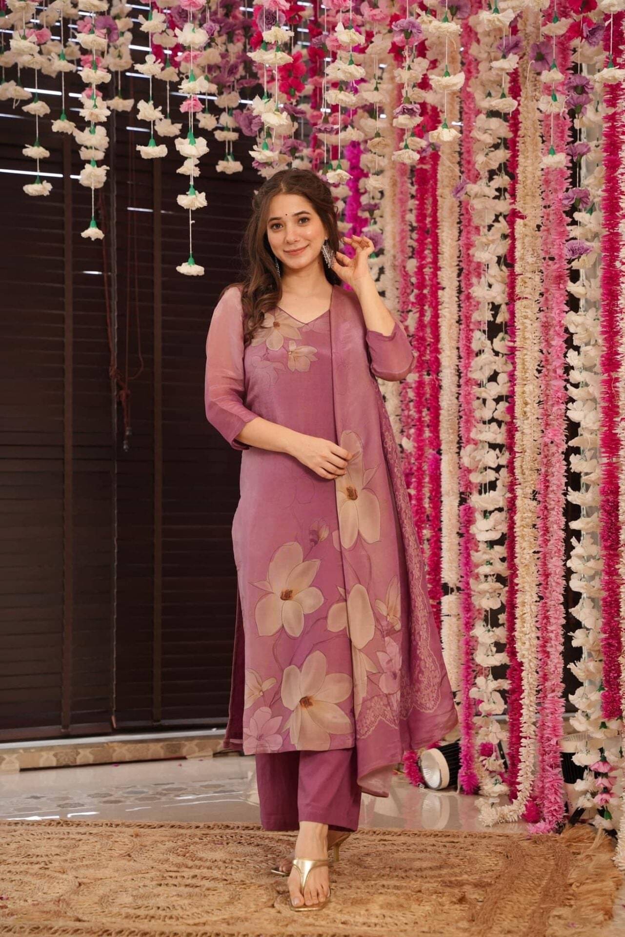 KOTRONS Women Silk Printed A-line Kurti With Pants ( Purple )     			KOTRONS Women Silk Printed A-line Kurti With Pants ( Purple )