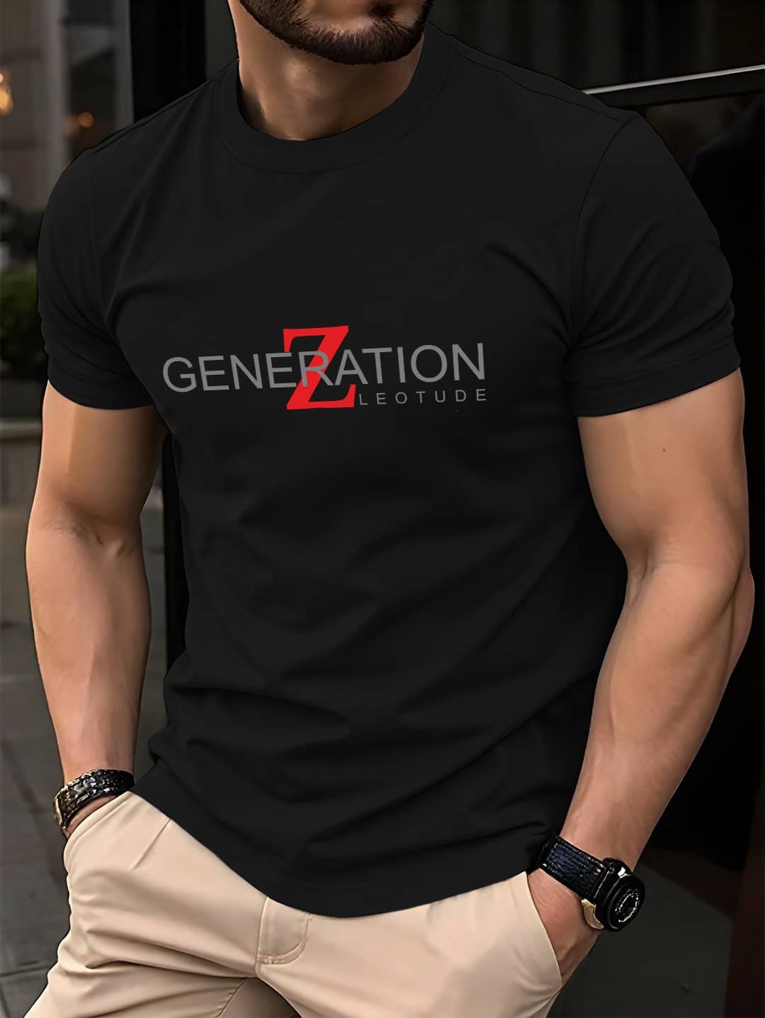 Leotude Men Cotton Blend Regular Fit Printed T-Shirt ( Black )