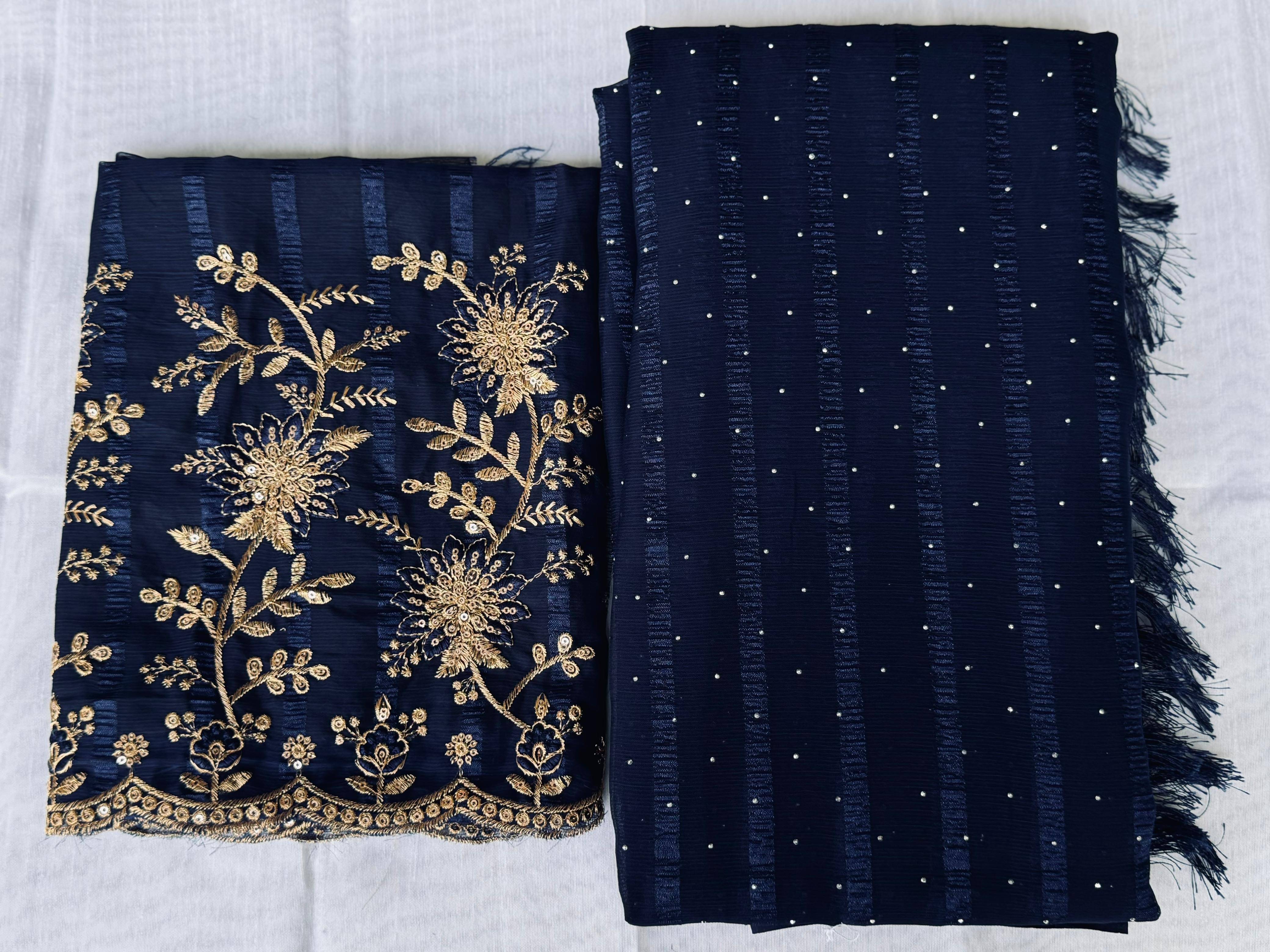 MALAVIYA FASHION Chiffon Embellished Regular Saree With Unstitched Blouse Piece ( Navy Blue ) MALAVIYA FASHION Chiffon Embellished Regular Saree With Unstitched Blouse Piece ( Navy Blue )