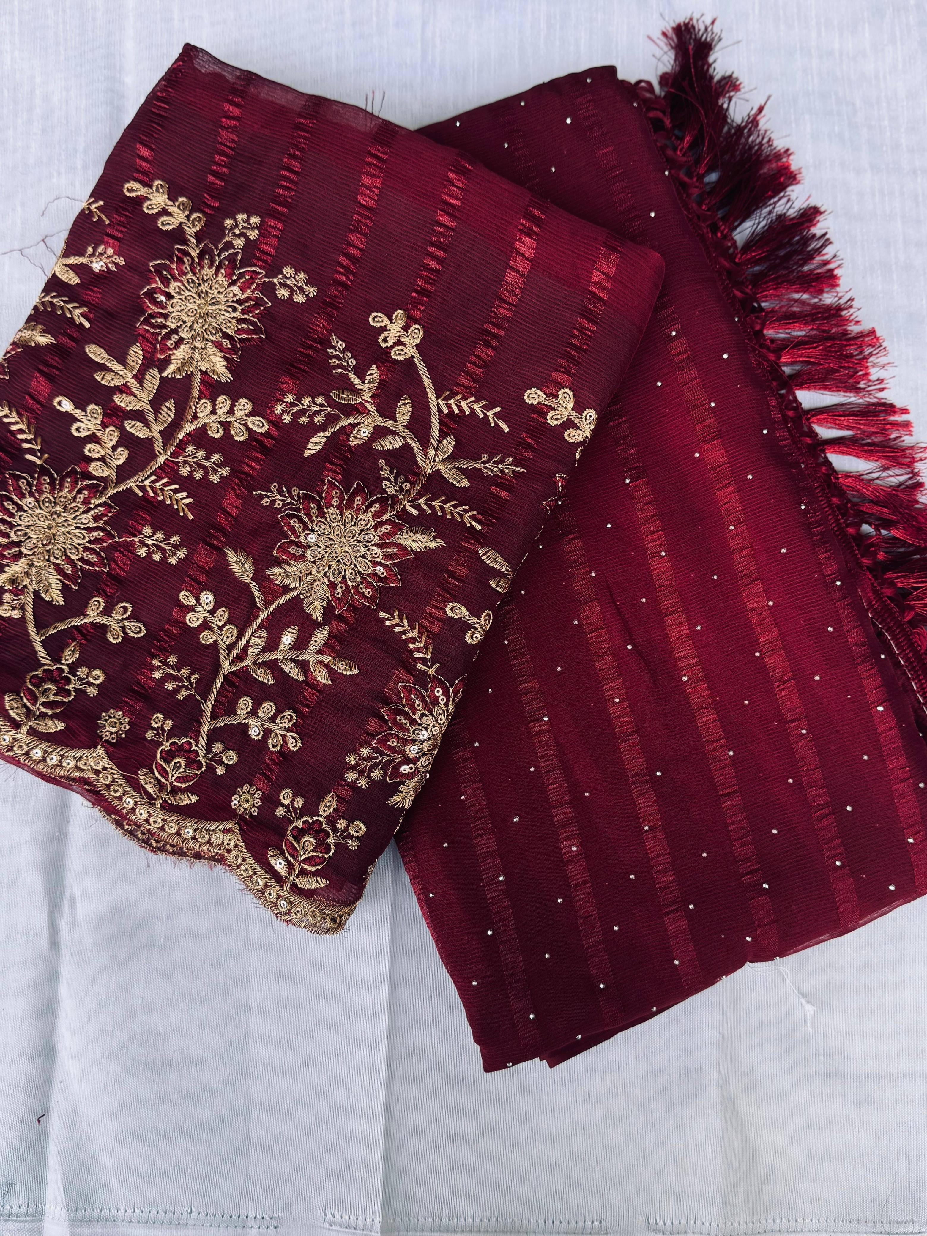     			MALAVIYA FASHION Chiffon Embellished Regular Saree With Unstitched Blouse Piece ( Maroon )