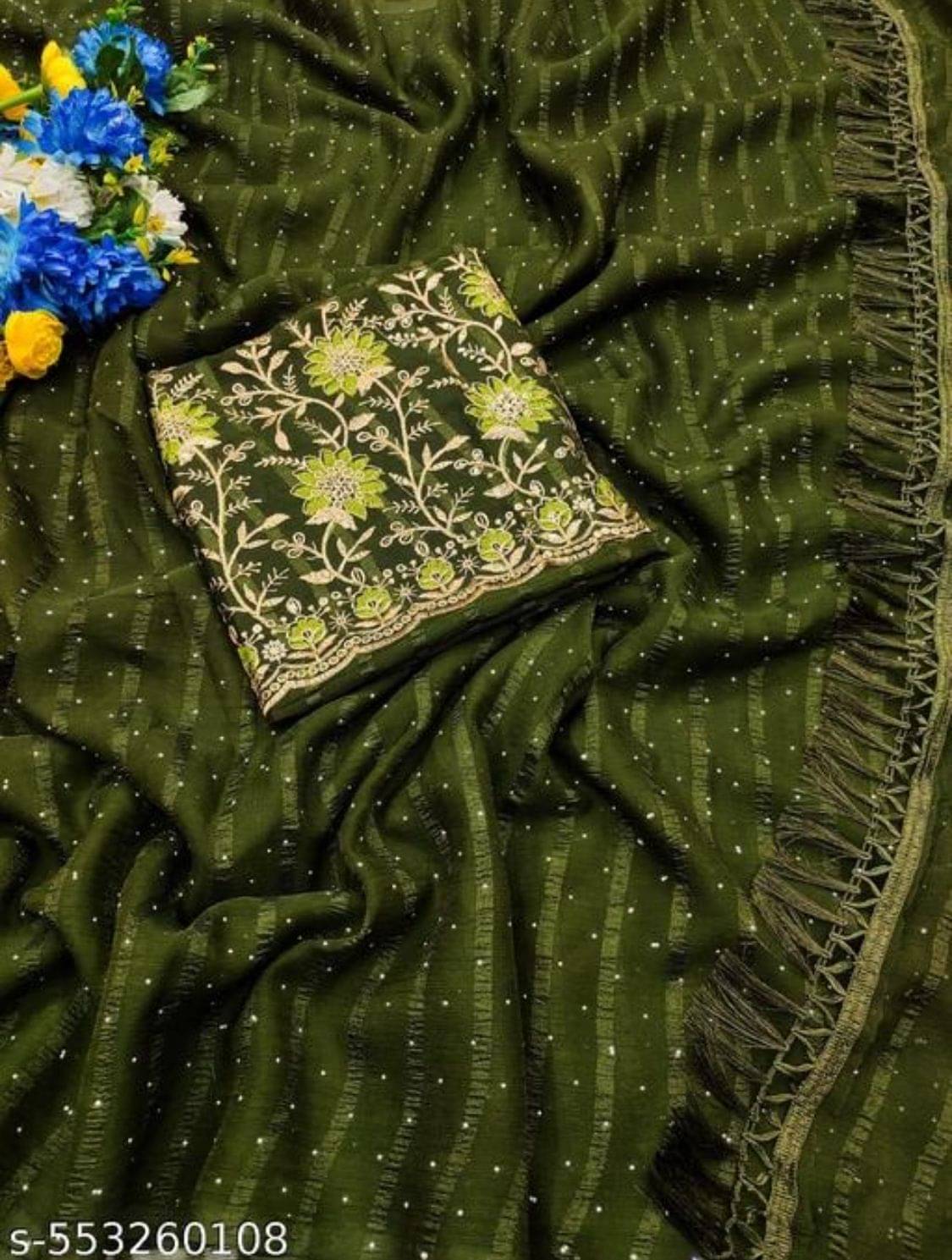     			MALAVIYA FASHION Chiffon Embellished Regular Saree With Unstitched Blouse Piece ( Green )