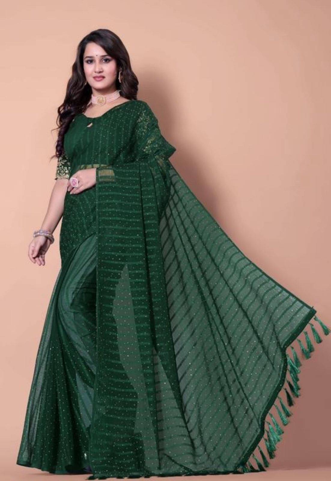     			MALAVIYA FASHION Chiffon Embellished Regular Saree With Unstitched Blouse Piece ( Green )