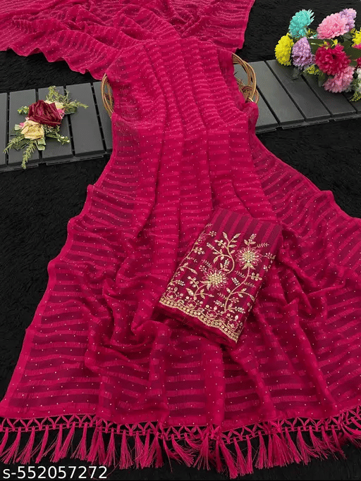 MALAVIYA FASHION Chiffon Embellished Regular Saree With Unstitched Blouse Piece ( Pink ) MALAVIYA FASHION Chiffon Embellished Regular Saree With Unstitched Blouse Piece ( Pink )