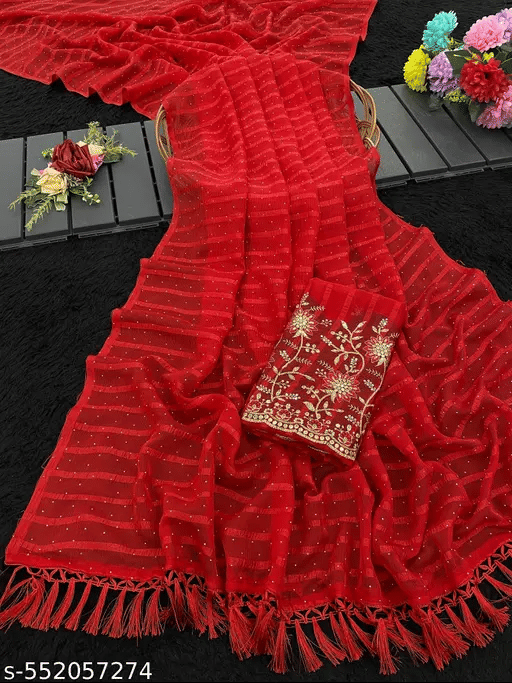MALAVIYA FASHION Chiffon Embellished Regular Saree With Unstitched Blouse Piece ( Red ) MALAVIYA FASHION Chiffon Embellished Regular Saree With Unstitched Blouse Piece ( Red )