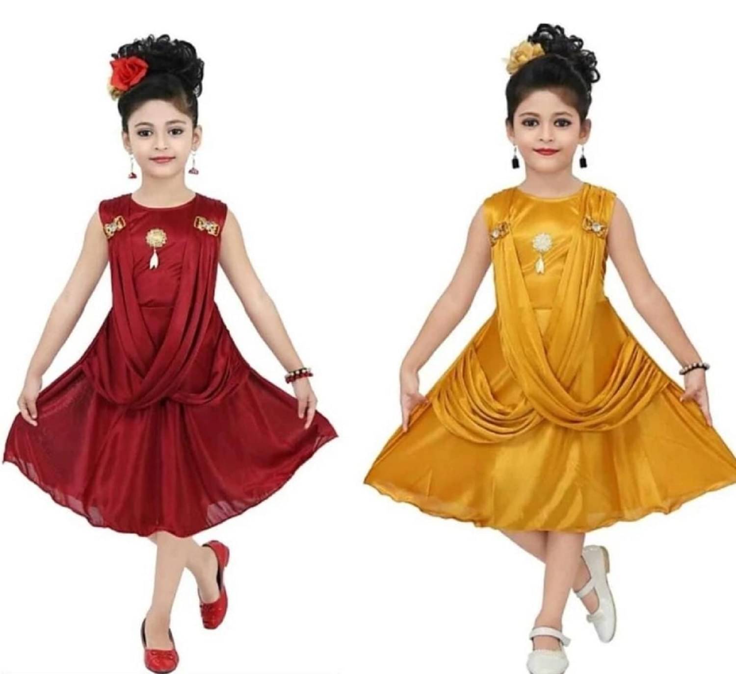     			Mullick the designer Polyester Frock For Girls ( Pack of 2 , Red,Mustard )