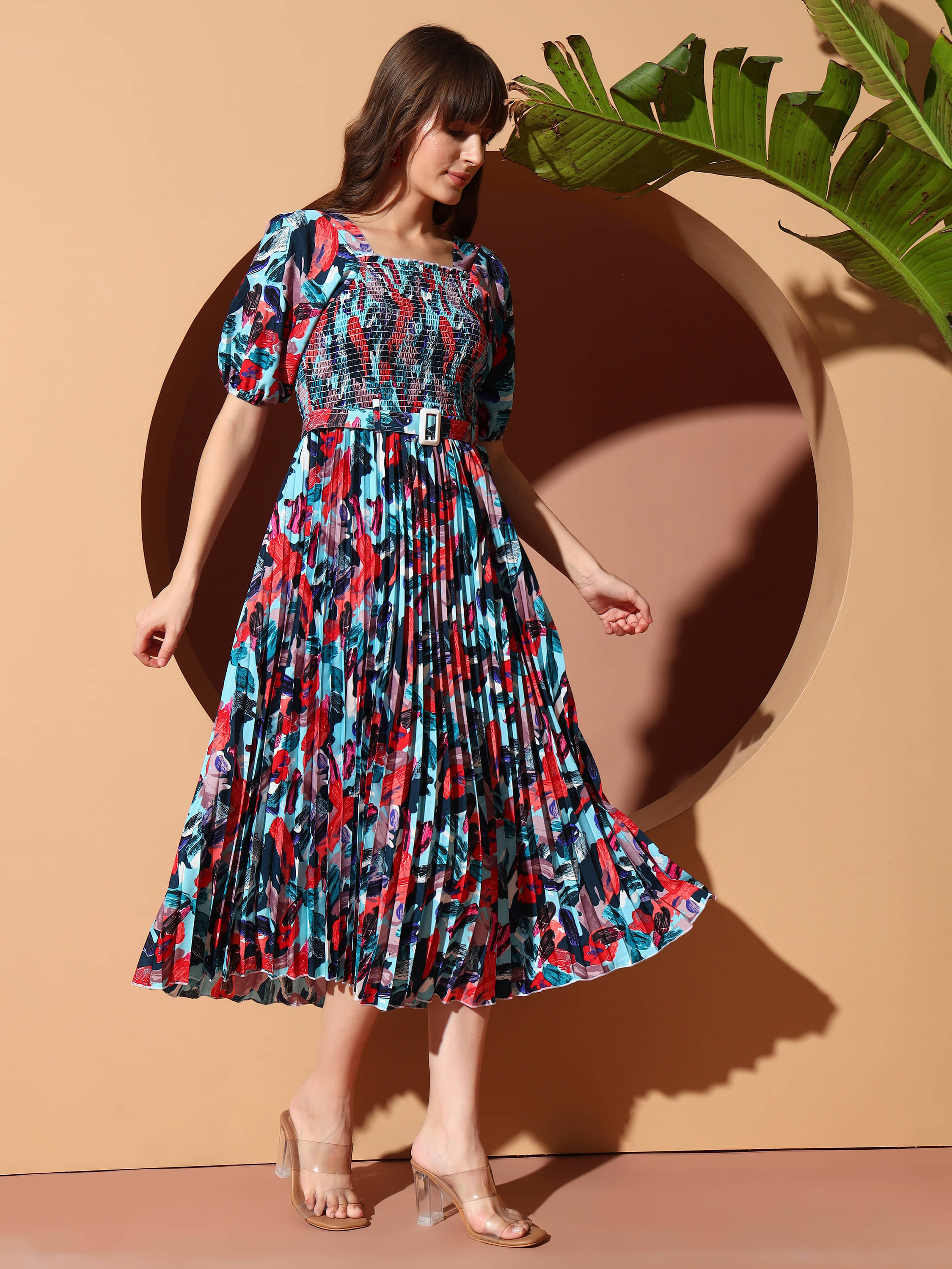     			OTABU Women Polyester Printed A-line Dress ( Blue )