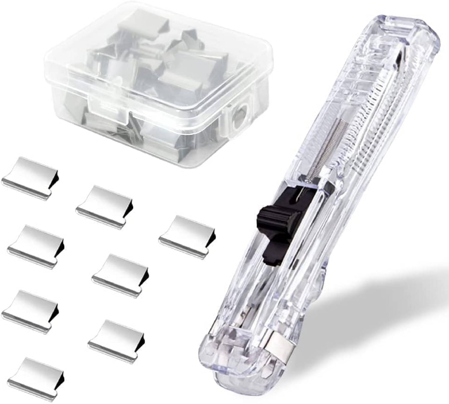     			Push Stapler 1 Pack, Mini Office Supplies Paper Staplers with 50 Pcs Reusable Clips, Binder Clips Paper Clamps Desktop Stapler, Clam Clip Dispenser for Office Document Home School Supplies
