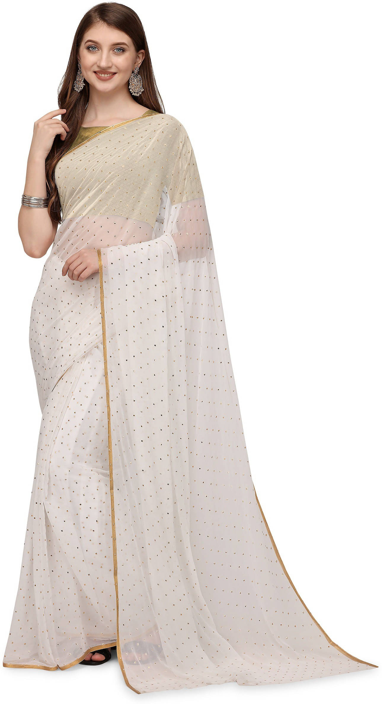 RedFish Chiffon Embellished Regular Saree With Unstitched Blouse Piece ( White ) RedFish Chiffon Embellished Regular Saree With Unstitched Blouse Piece ( White )