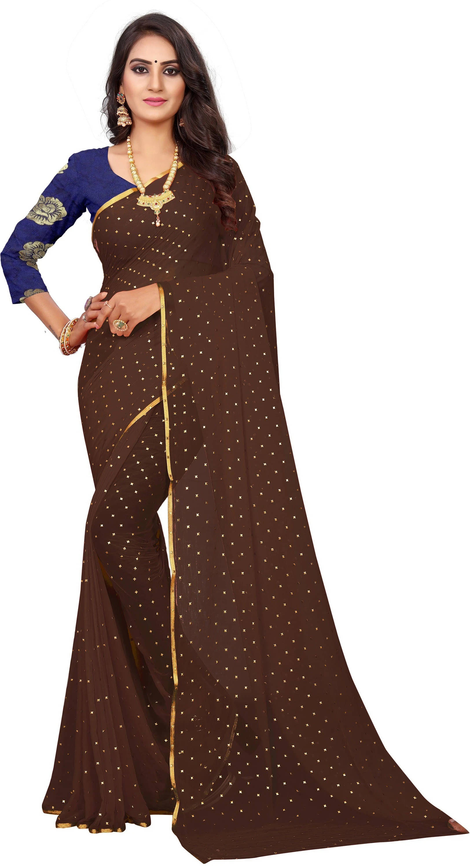     			RedFish Chiffon Embellished Regular Saree With Unstitched Blouse Piece ( Brown )