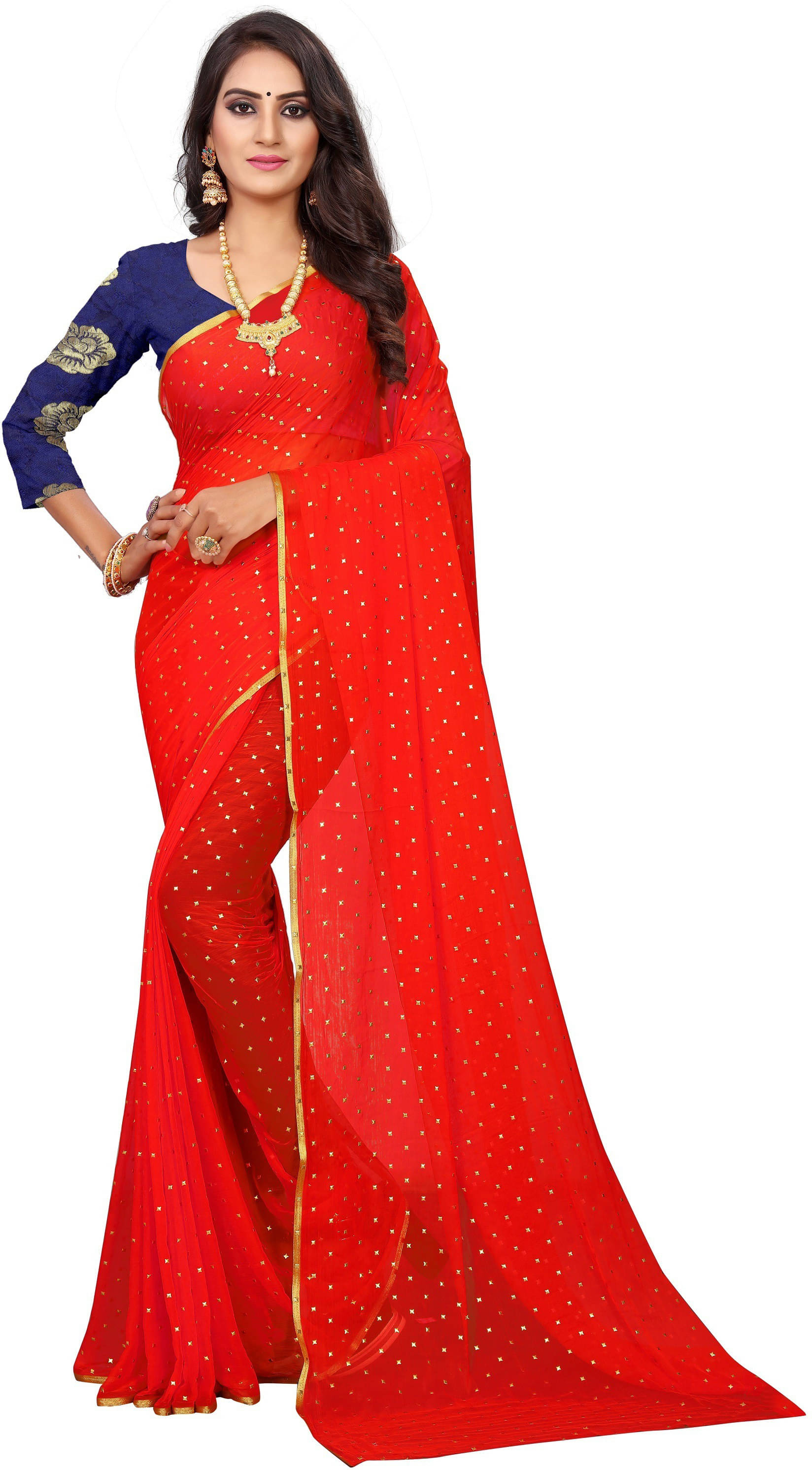     			RedFish Chiffon Embellished Regular Saree With Unstitched Blouse Piece ( Red )