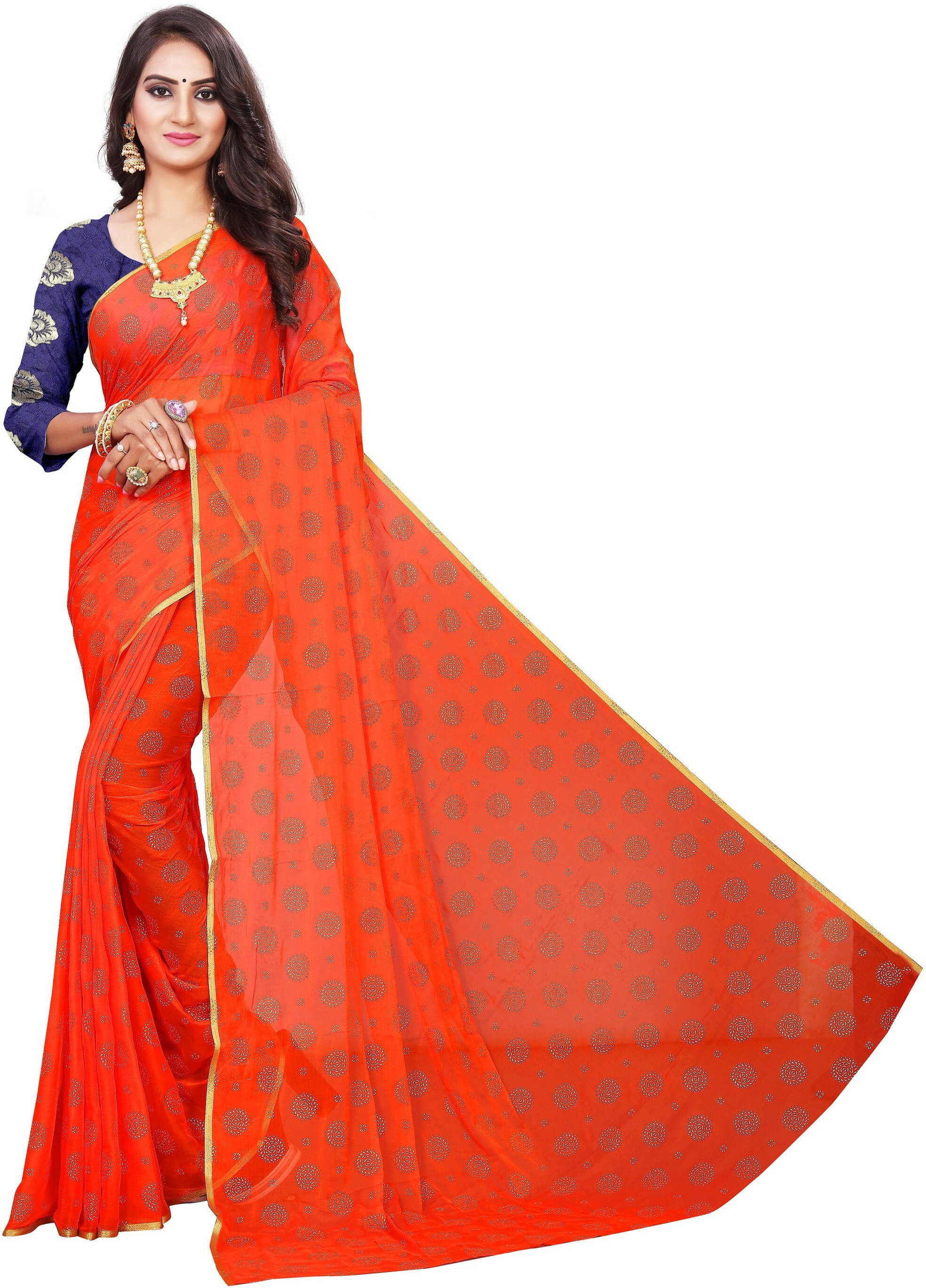     			RedFish Chiffon Printed Bandhani Sarees With Unstitched Blouse Piece ( Orange )