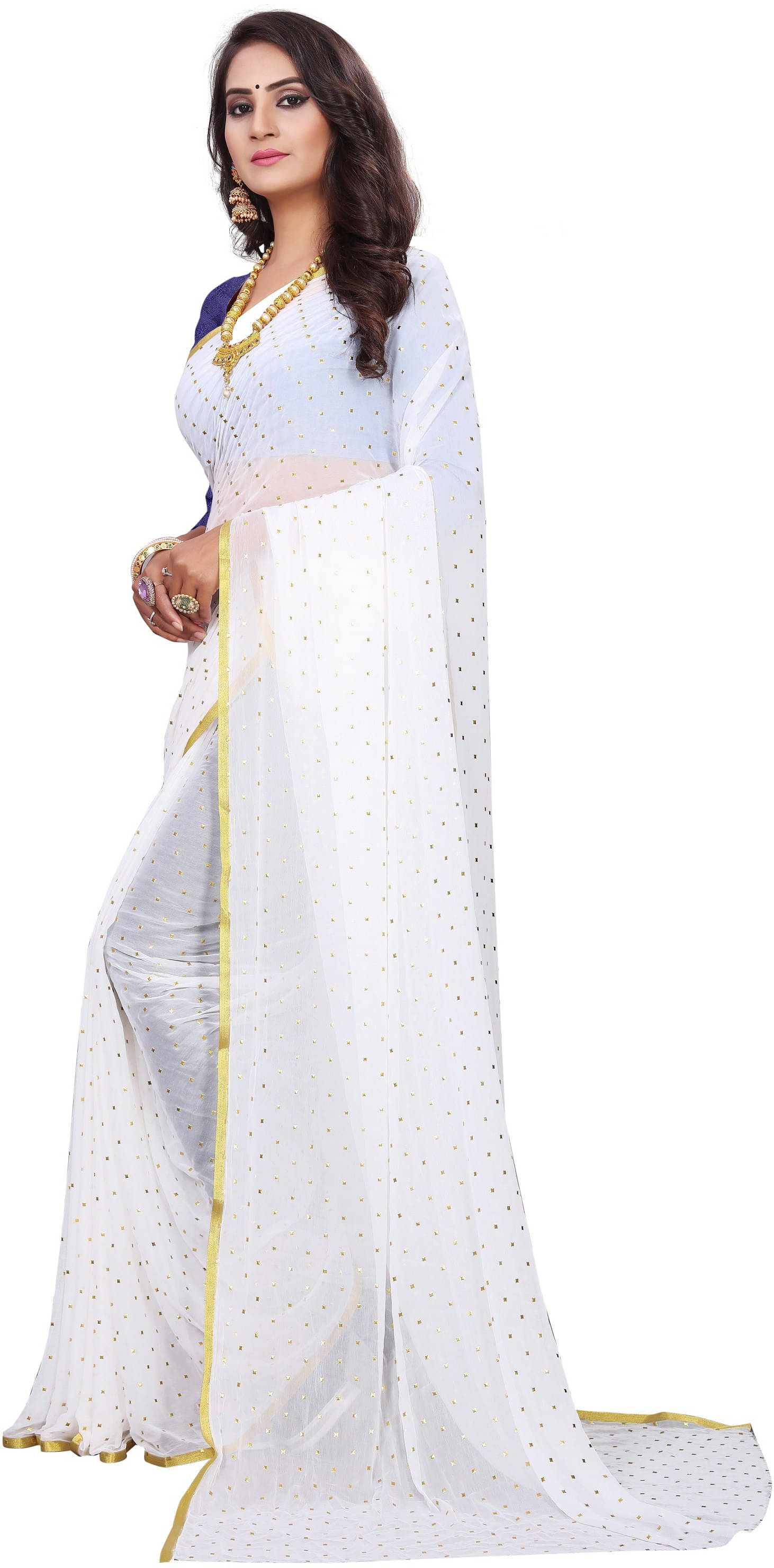     			RedFish Chiffon Printed Bandhani Sarees With Unstitched Blouse Piece ( White )