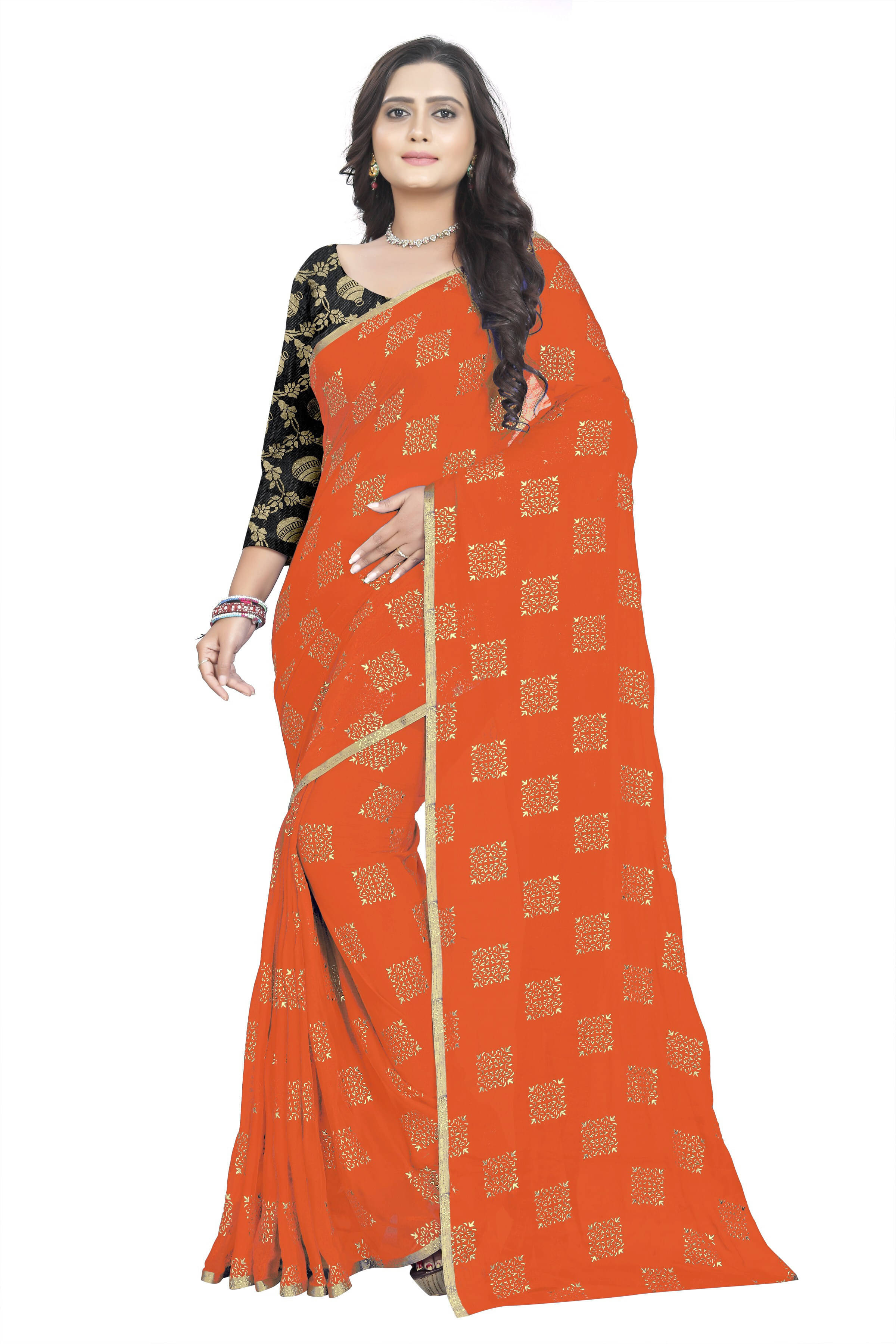 RedFish Chiffon Printed Regular Saree With Unstitched Blouse Piece ( Orange ) RedFish Chiffon Printed Regular Saree With Unstitched Blouse Piece ( Orange )