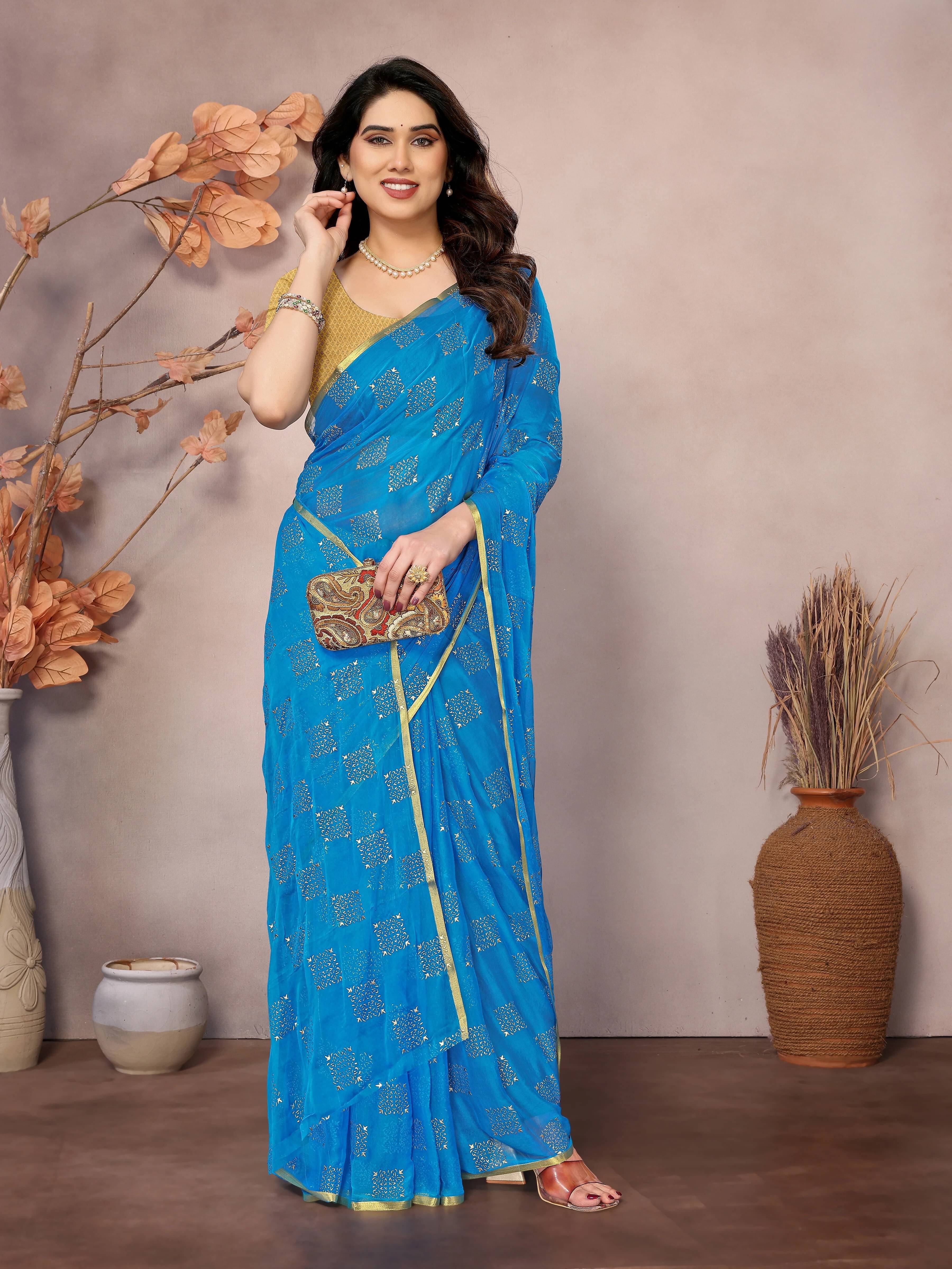 RedFish Chiffon Printed Regular Saree With Unstitched Blouse Piece ( Light Blue ) RedFish Chiffon Printed Regular Saree With Unstitched Blouse Piece ( Light Blue )