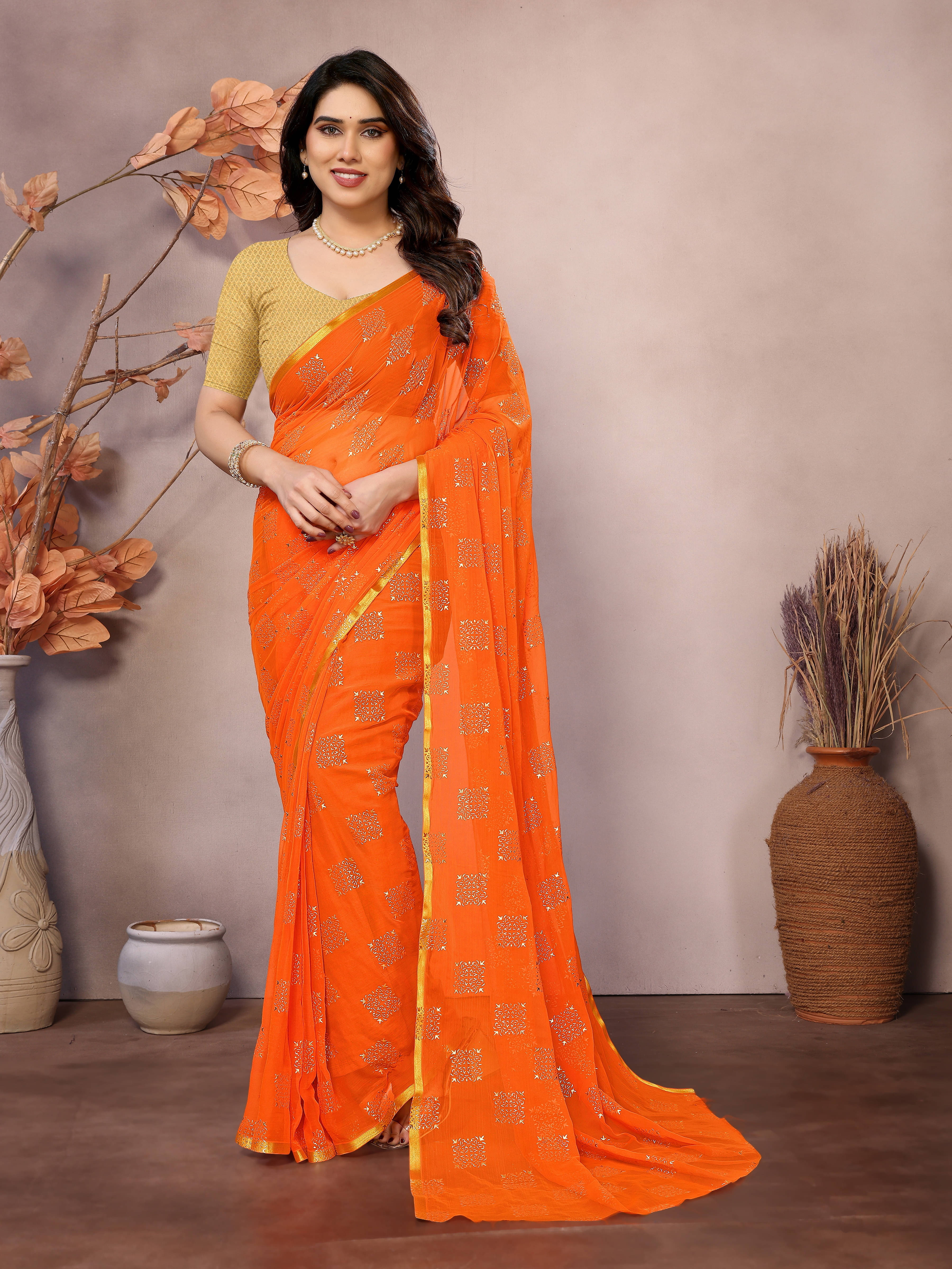 RedFish Chiffon Printed Regular Saree With Unstitched Blouse Piece ( Orange ) RedFish Chiffon Printed Regular Saree With Unstitched Blouse Piece ( Orange )