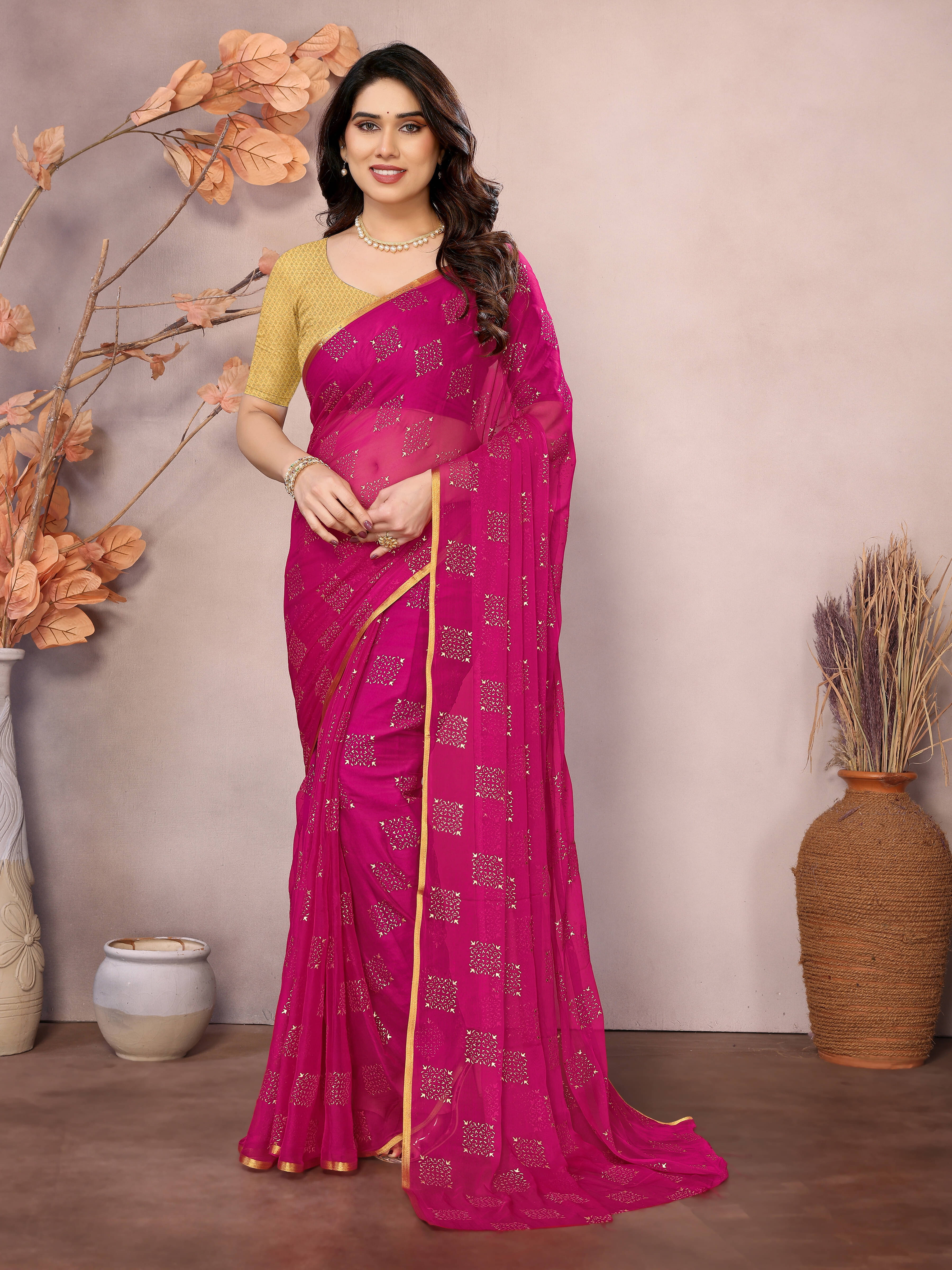     			RedFish Chiffon Printed Regular Saree With Unstitched Blouse Piece ( Pink )