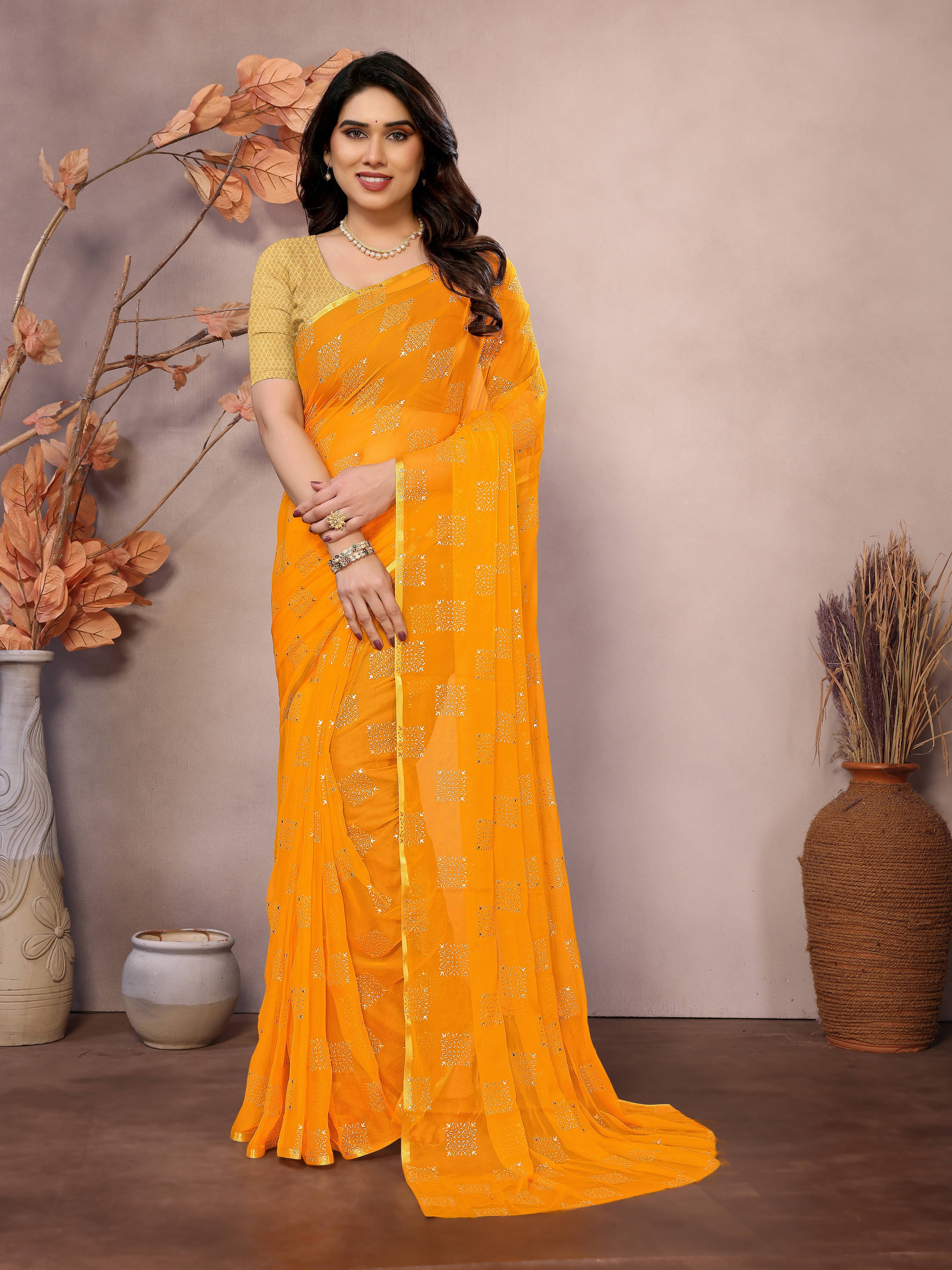 RedFish Chiffon Printed Regular Saree With Unstitched Blouse Piece ( Yellow ) RedFish Chiffon Printed Regular Saree With Unstitched Blouse Piece ( Yellow )