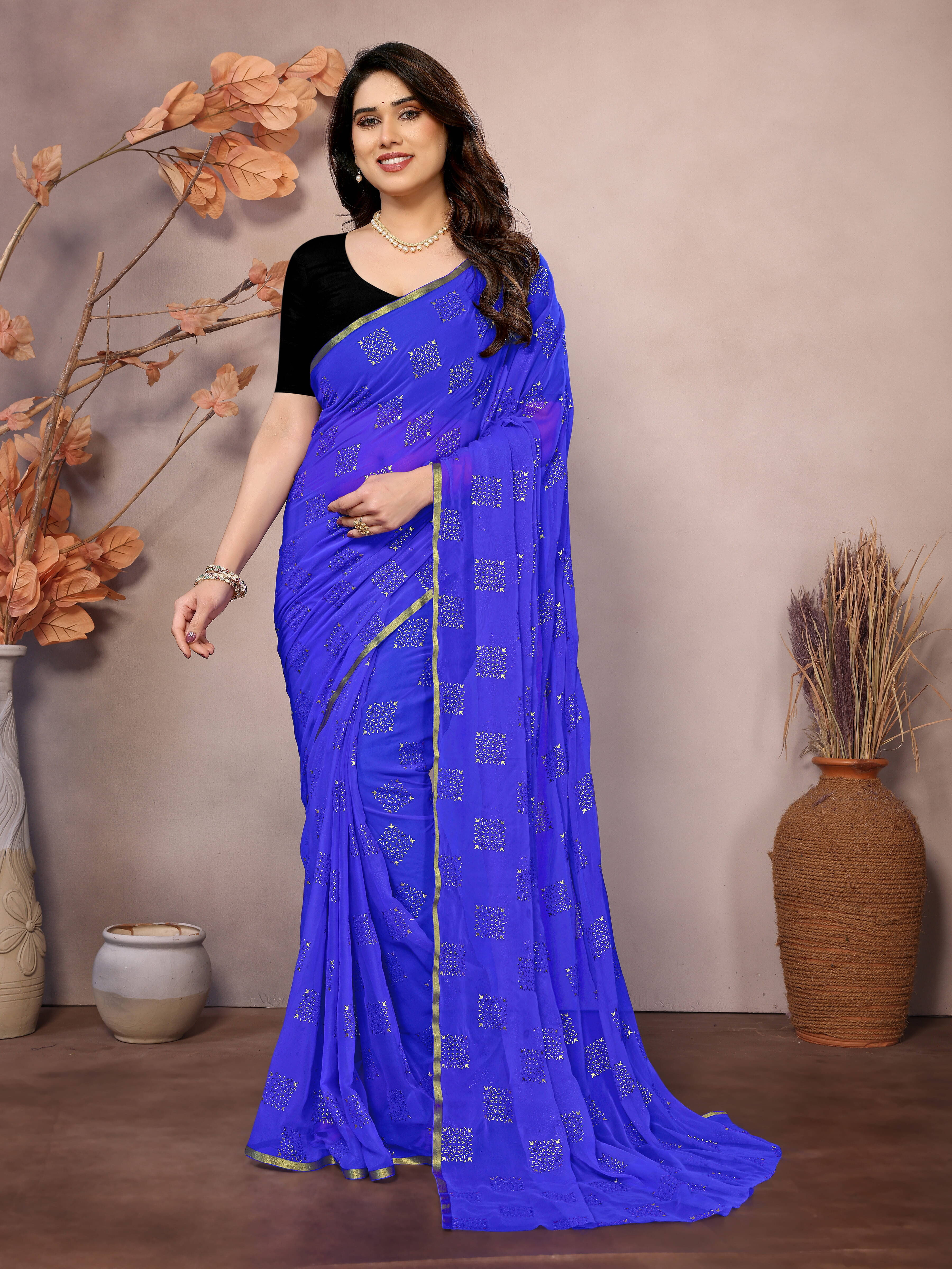 RedFish Chiffon Printed Regular Saree With Unstitched Blouse Piece ( Blue ) RedFish Chiffon Printed Regular Saree With Unstitched Blouse Piece ( Blue )
