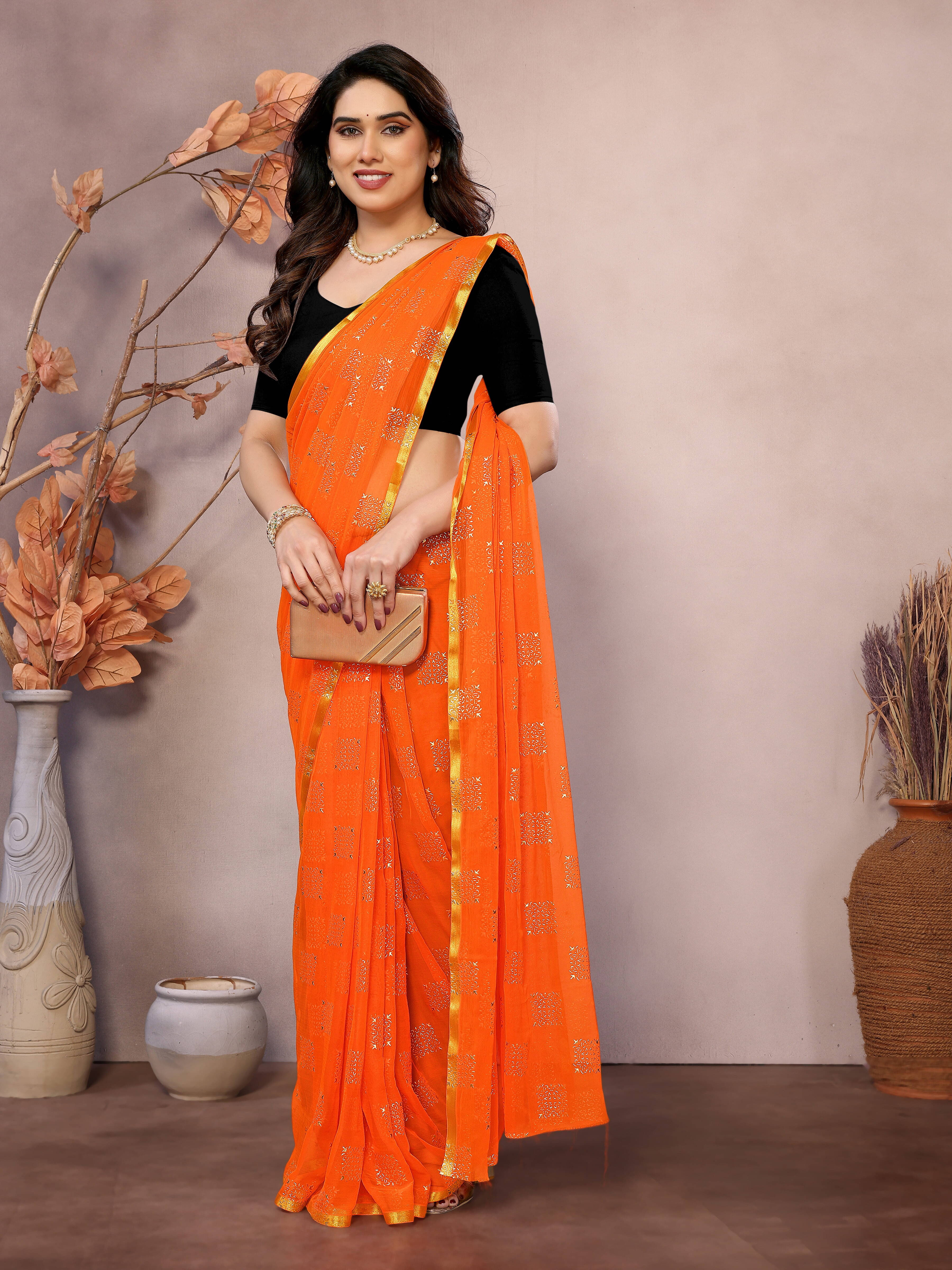 RedFish Chiffon Printed Regular Saree With Unstitched Blouse Piece ( Orange ) RedFish Chiffon Printed Regular Saree With Unstitched Blouse Piece ( Orange )