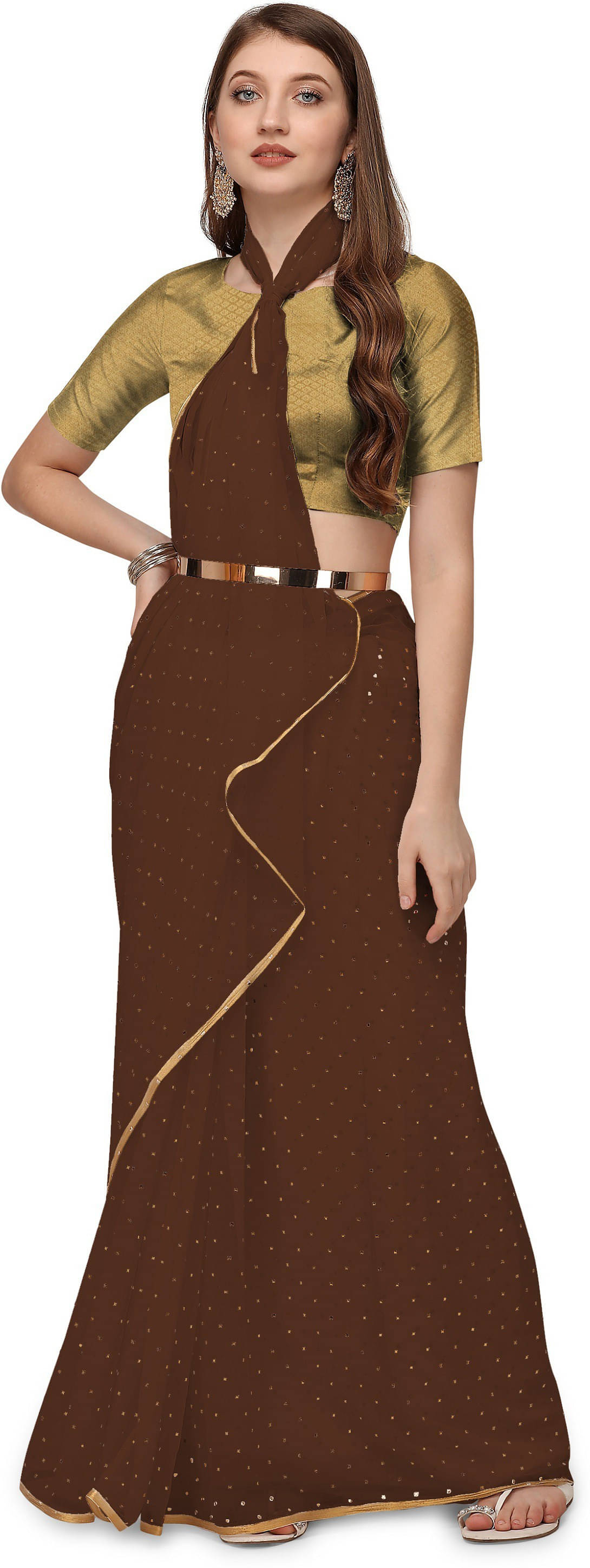 RedFish Chiffon Printed Regular Saree With Unstitched Blouse Piece ( Brown ) RedFish Chiffon Printed Regular Saree With Unstitched Blouse Piece ( Brown )