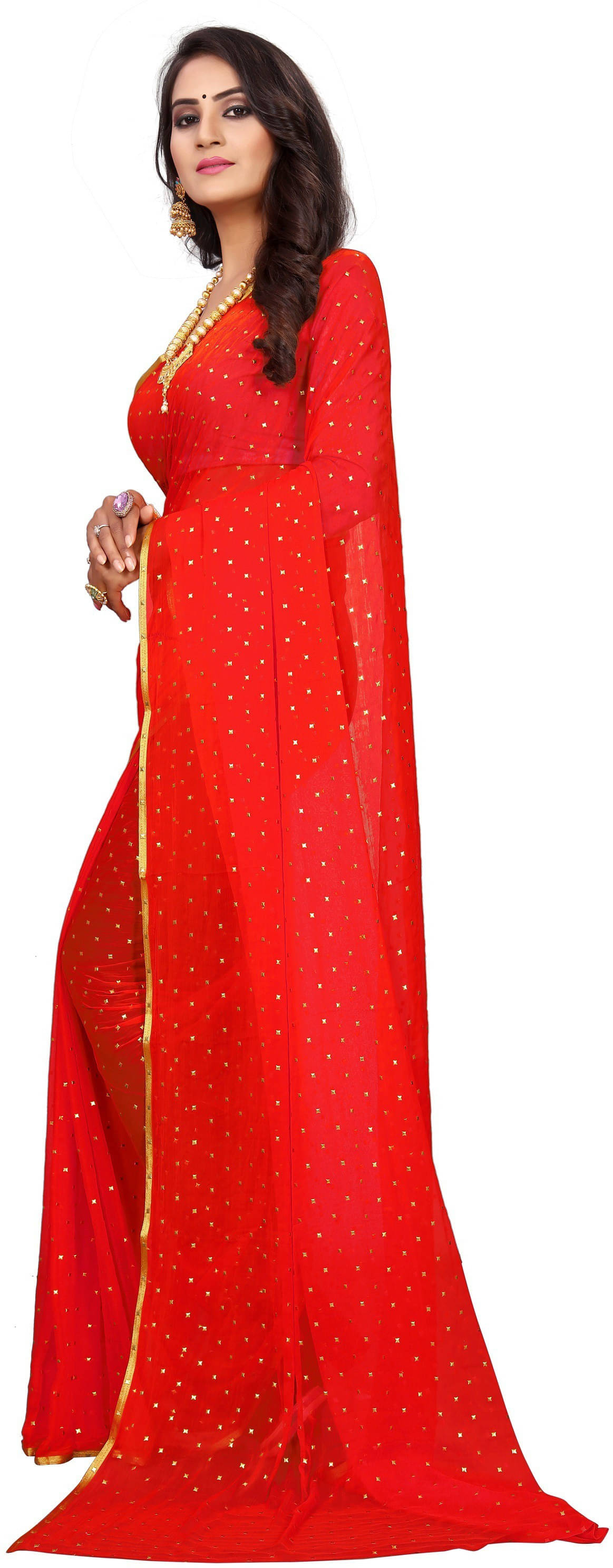 RedFish Chiffon Printed Regular Saree With Unstitched Blouse Piece ( Red ) RedFish Chiffon Printed Regular Saree With Unstitched Blouse Piece ( Red )