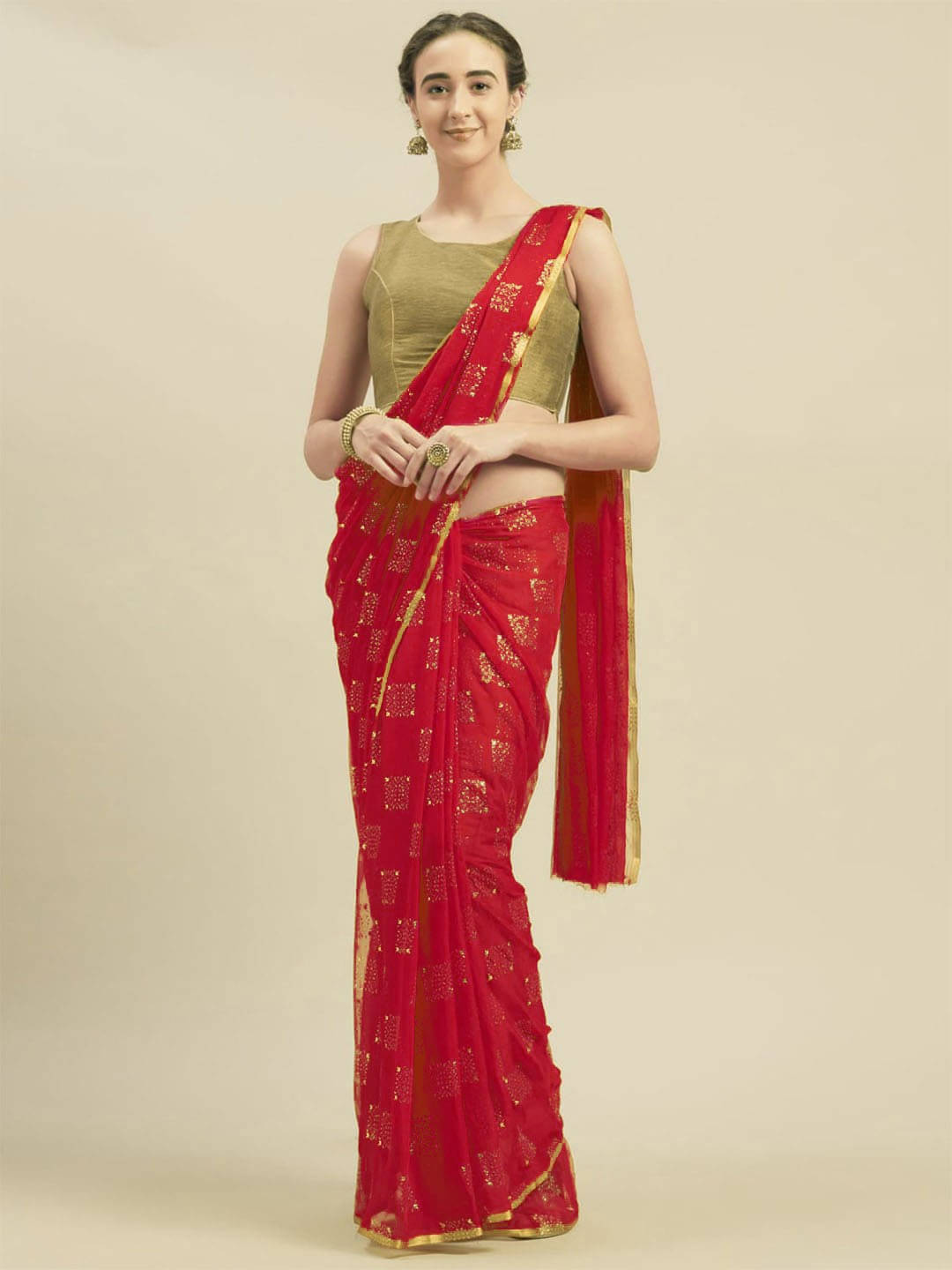 RedFish Chiffon Printed Regular Saree With Unstitched Blouse Piece ( Red ) RedFish Chiffon Printed Regular Saree With Unstitched Blouse Piece ( Red )