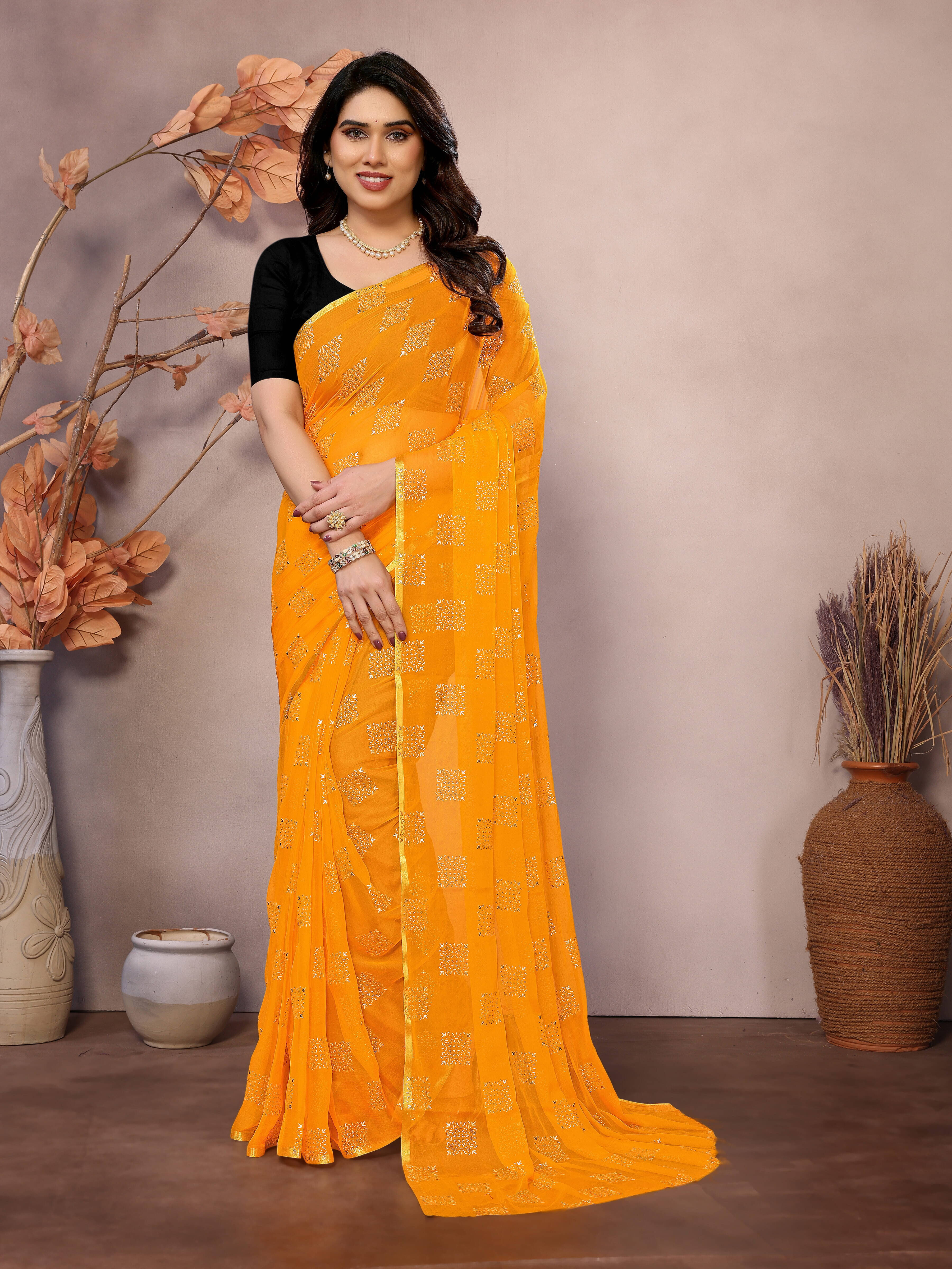RedFish Chiffon Printed Regular Saree With Unstitched Blouse Piece ( Yellow ) RedFish Chiffon Printed Regular Saree With Unstitched Blouse Piece ( Yellow )
