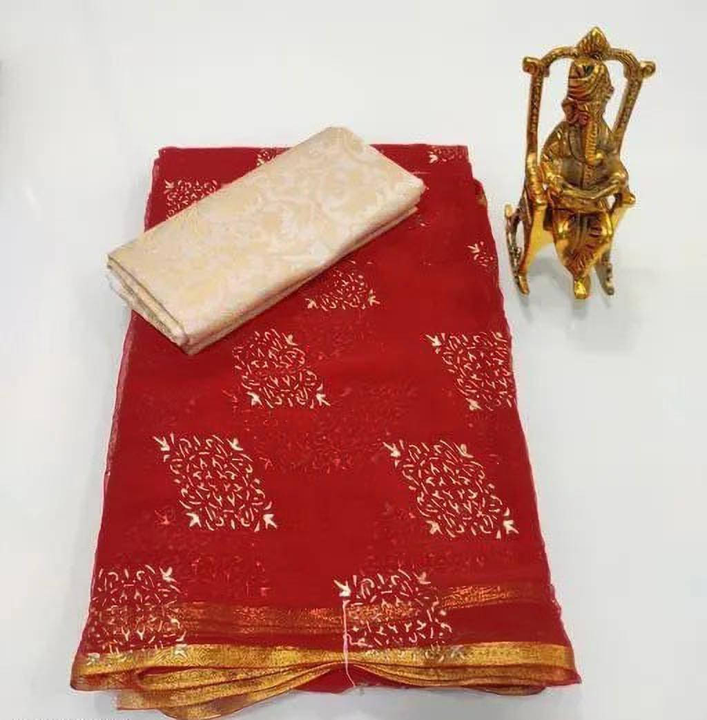     			RedFish Chiffon Printed Regular Saree With Unstitched Blouse Piece ( Red )