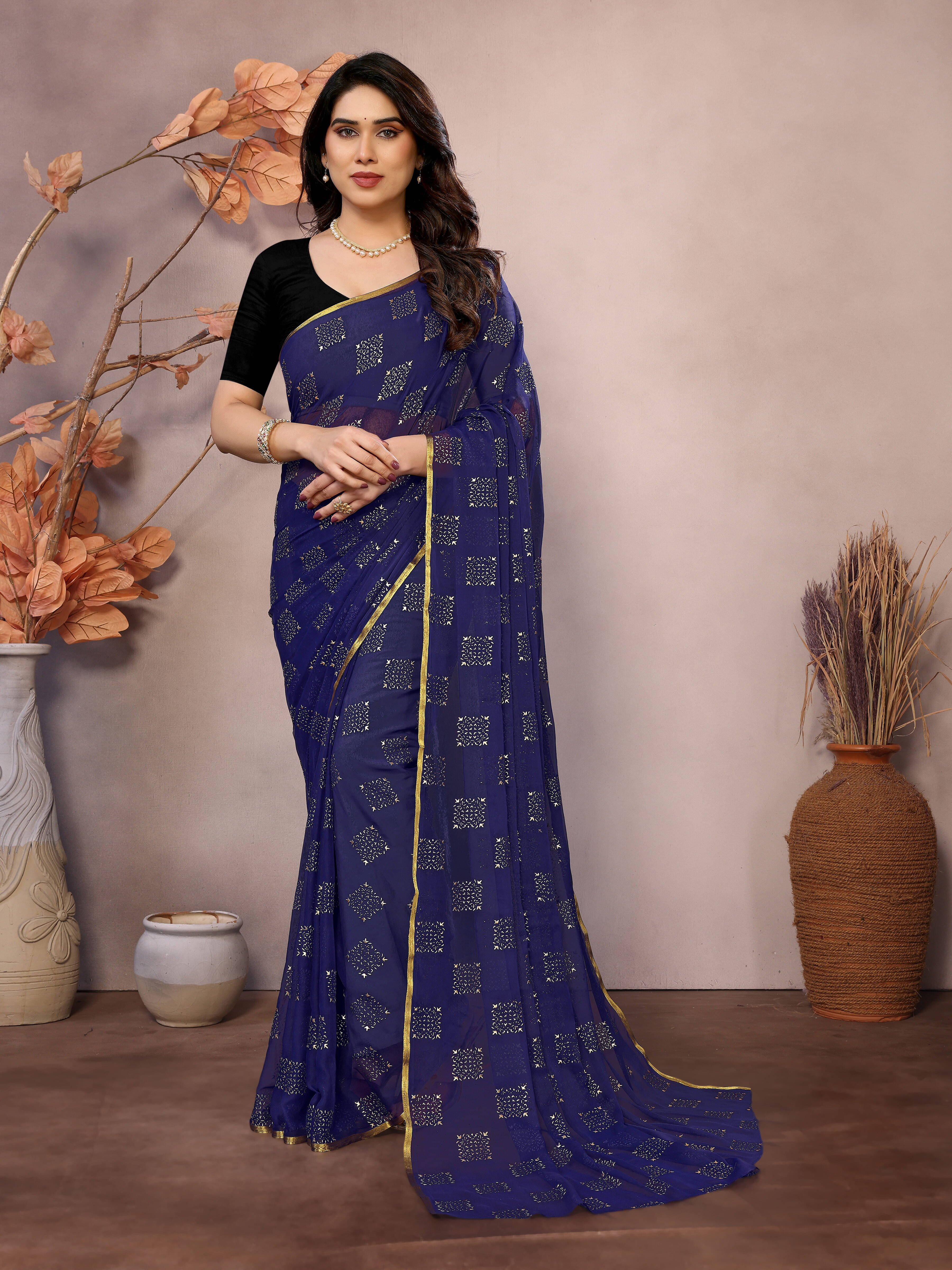 RedFish Chiffon Printed Regular Saree With Unstitched Blouse Piece ( Navy Blue ) RedFish Chiffon Printed Regular Saree With Unstitched Blouse Piece ( Navy Blue )