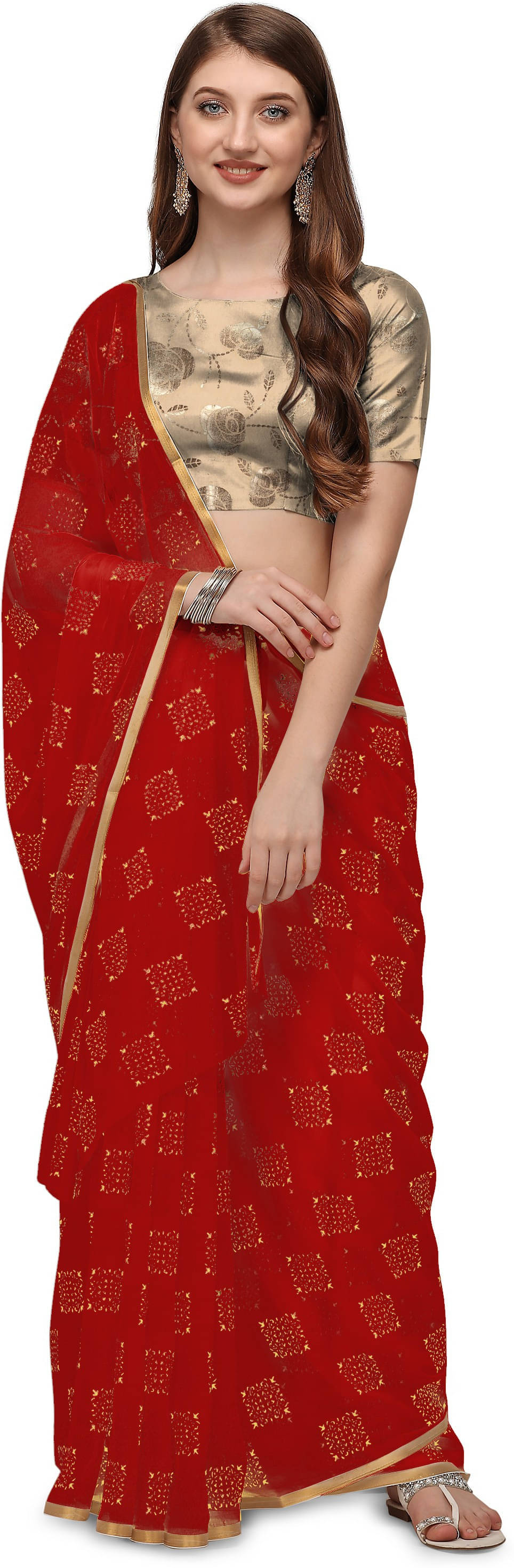RedFish Chiffon Printed Regular Saree With Unstitched Blouse Piece ( Red ) RedFish Chiffon Printed Regular Saree With Unstitched Blouse Piece ( Red )