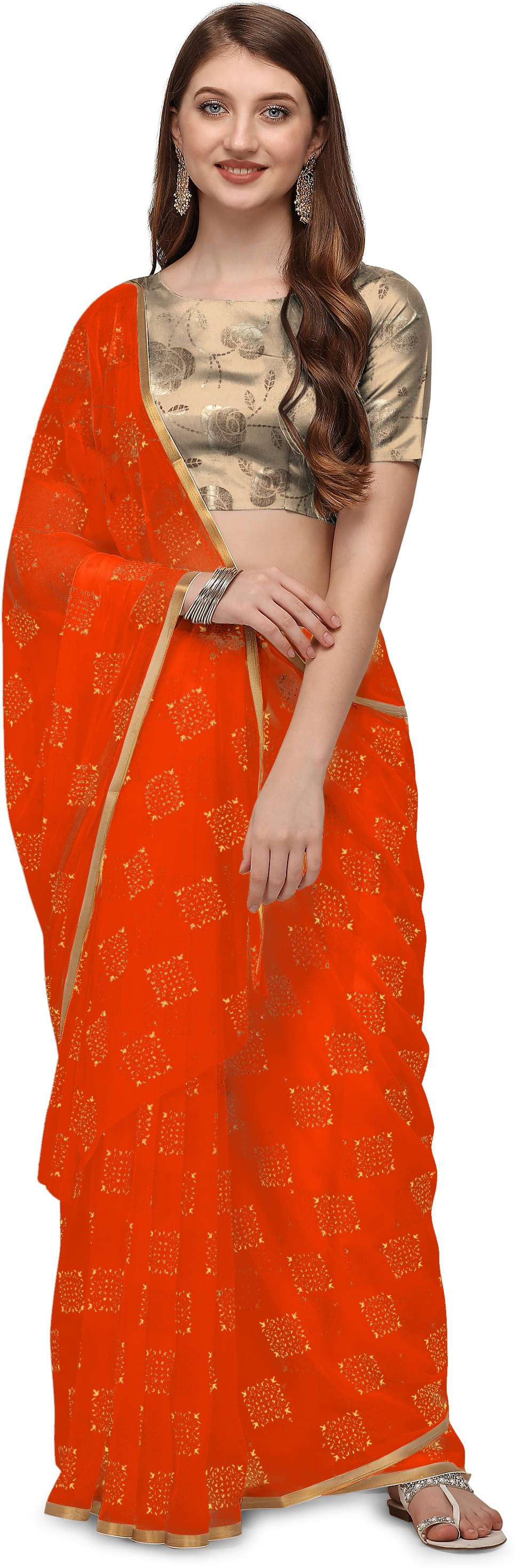 RedFish Chiffon Printed Regular Saree With Unstitched Blouse Piece ( Orange ) RedFish Chiffon Printed Regular Saree With Unstitched Blouse Piece ( Orange )