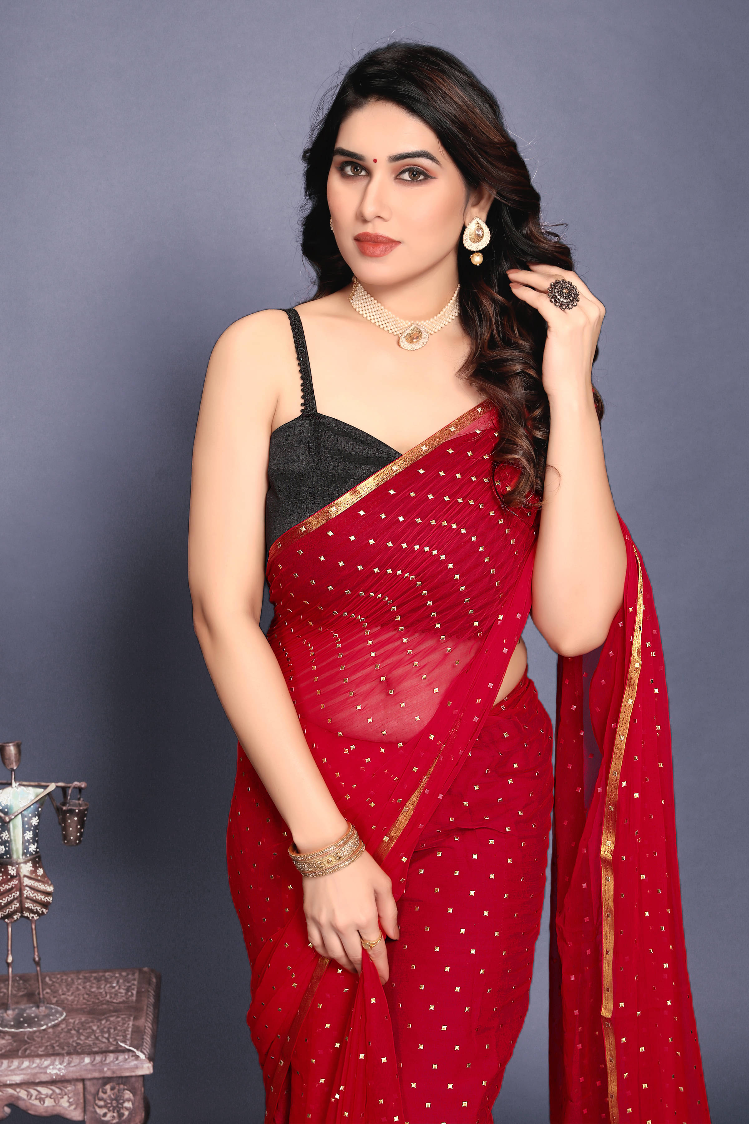     			RedFish Chiffon Printed Regular Saree With Unstitched Blouse Piece ( Red )