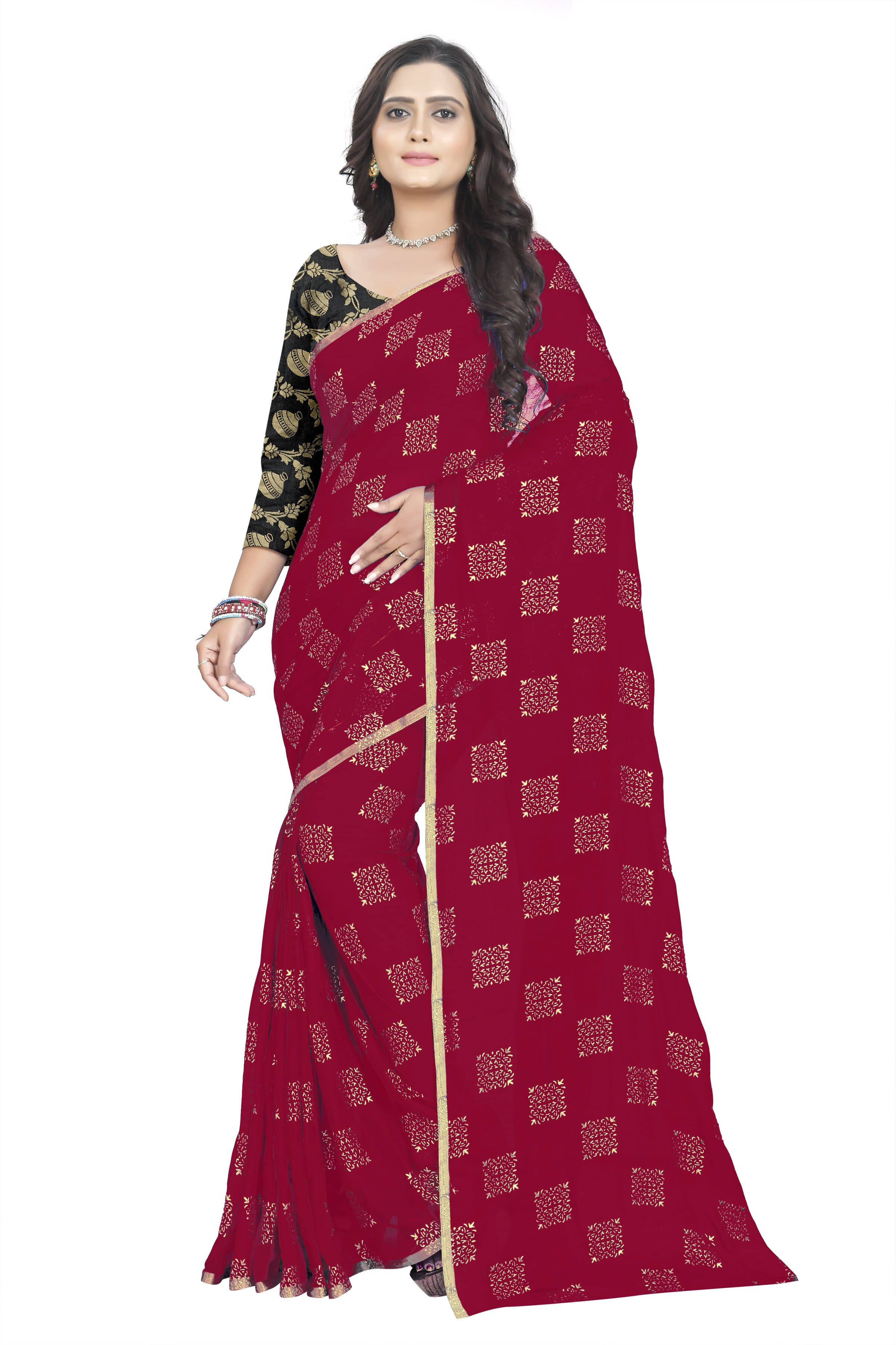     			RedFish Chiffon Printed Regular Saree With Unstitched Blouse Piece ( Maroon )