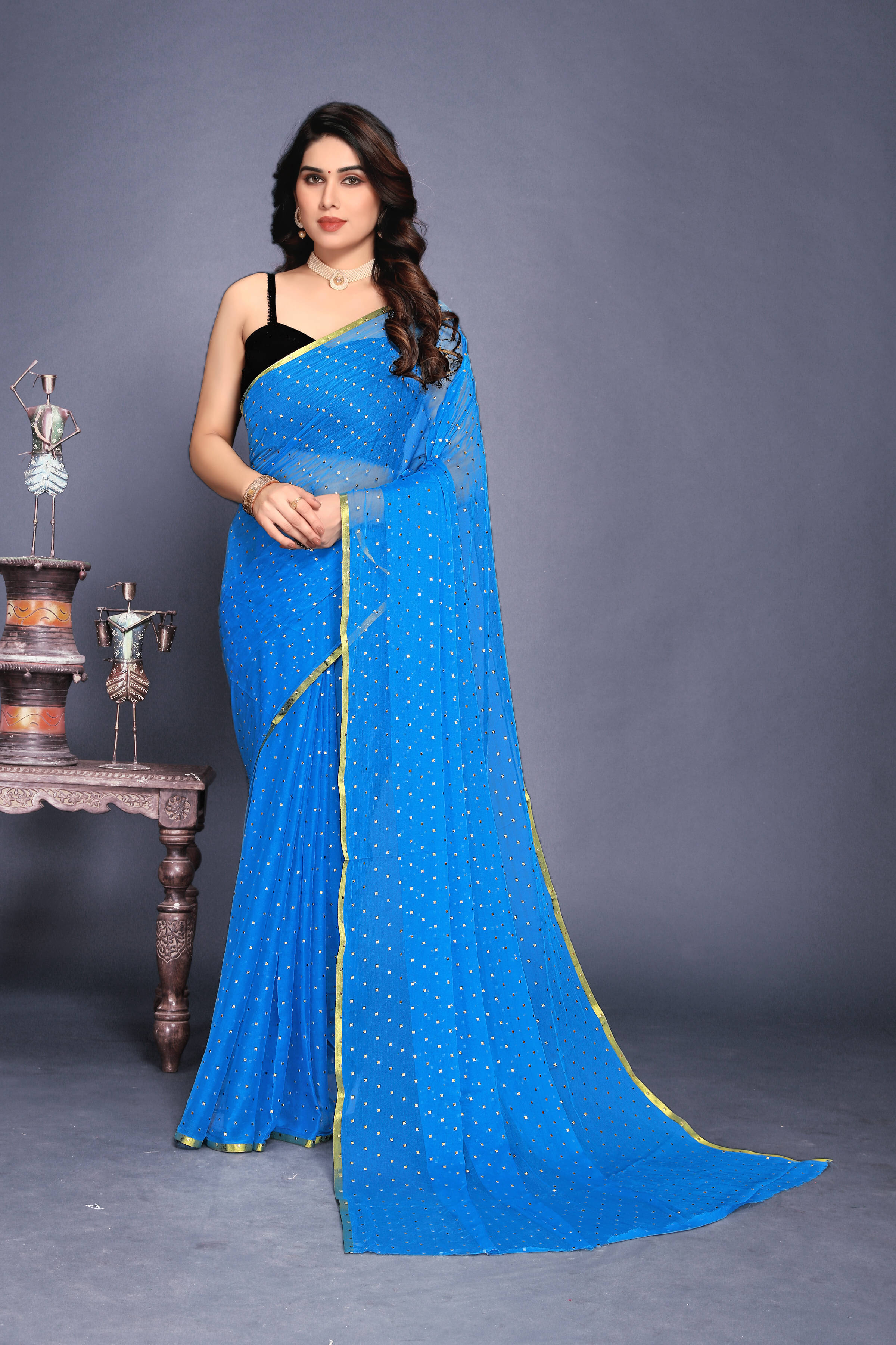RedFish Chiffon Printed Regular Saree With Unstitched Blouse Piece ( Light Blue ) RedFish Chiffon Printed Regular Saree With Unstitched Blouse Piece ( Light Blue )