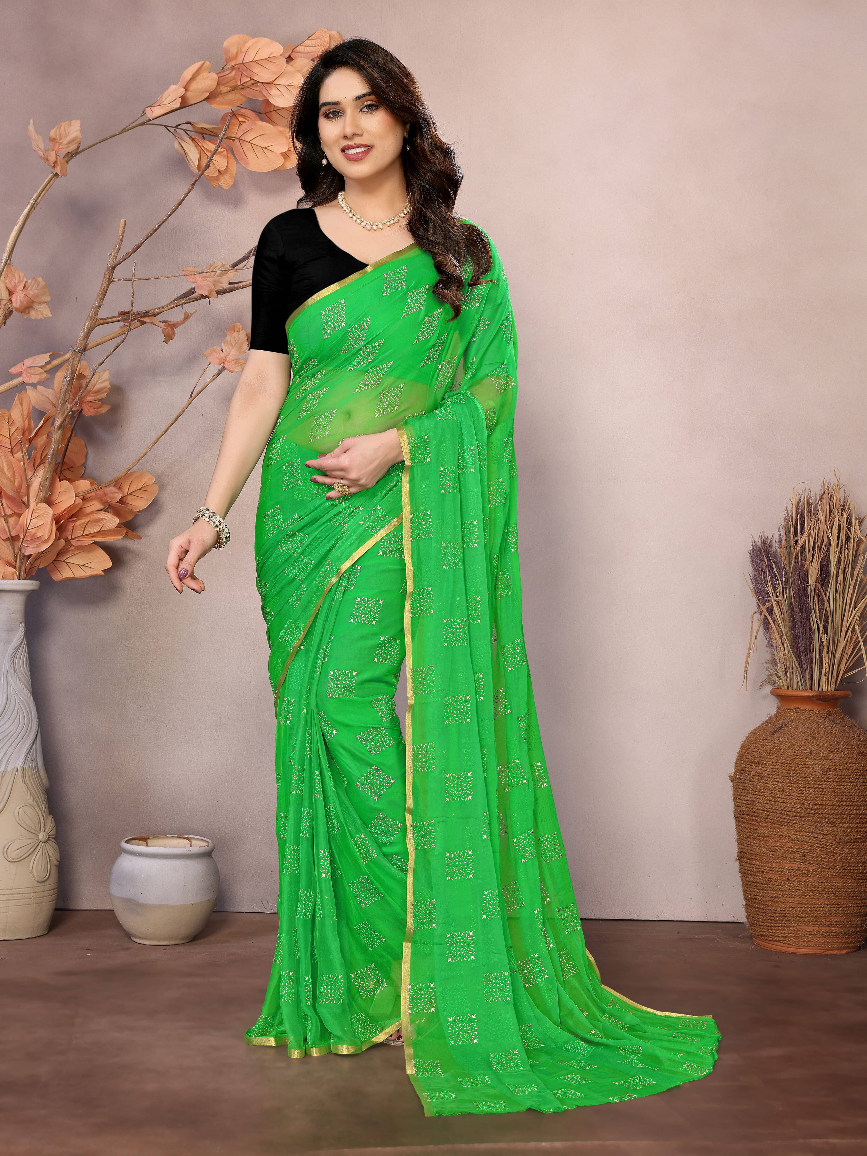 RedFish Chiffon Printed Regular Saree With Unstitched Blouse Piece ( Light Green ) RedFish Chiffon Printed Regular Saree With Unstitched Blouse Piece ( Light Green )