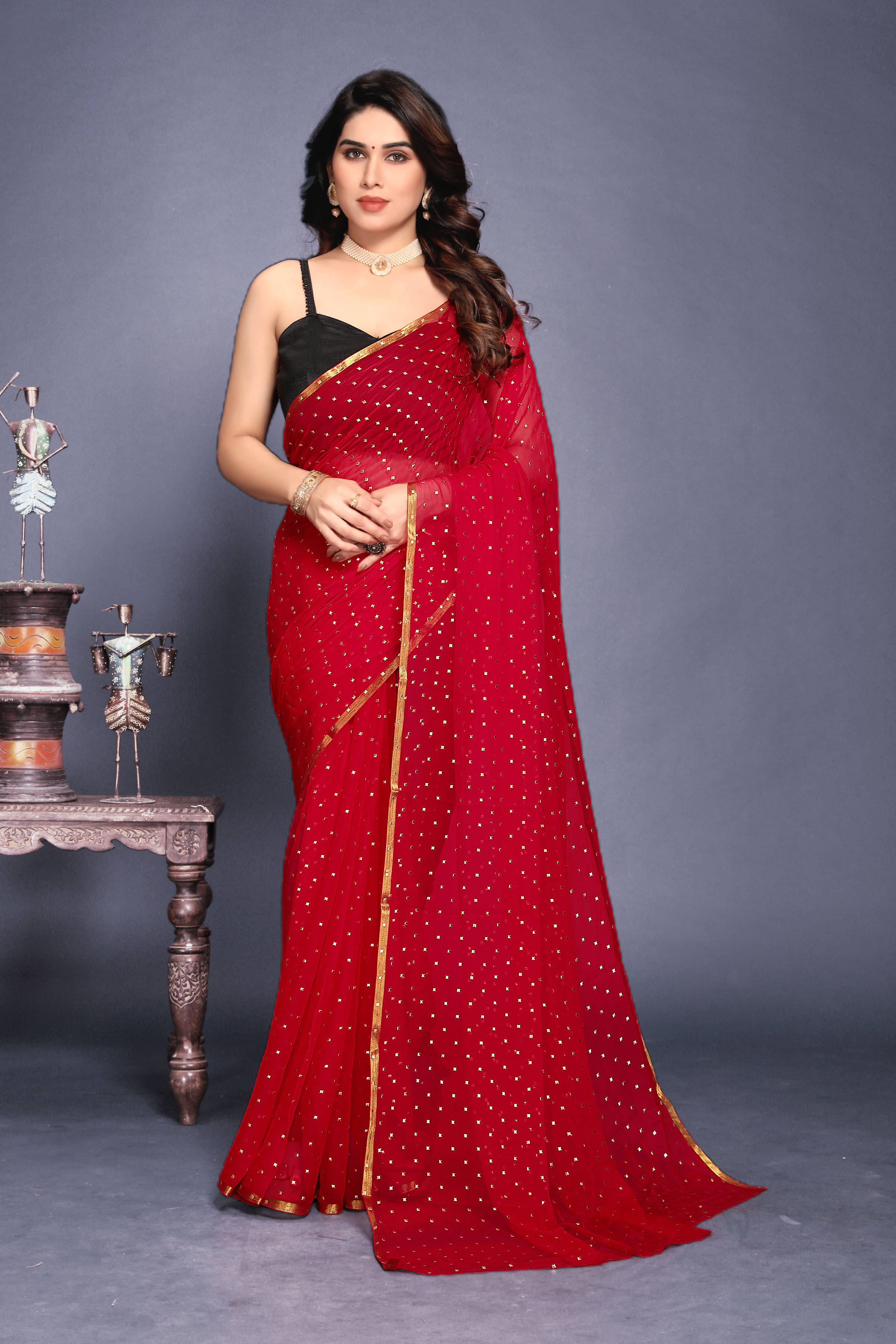 RedFish Chiffon Printed Regular Saree With Unstitched Blouse Piece ( Red ) RedFish Chiffon Printed Regular Saree With Unstitched Blouse Piece ( Red )