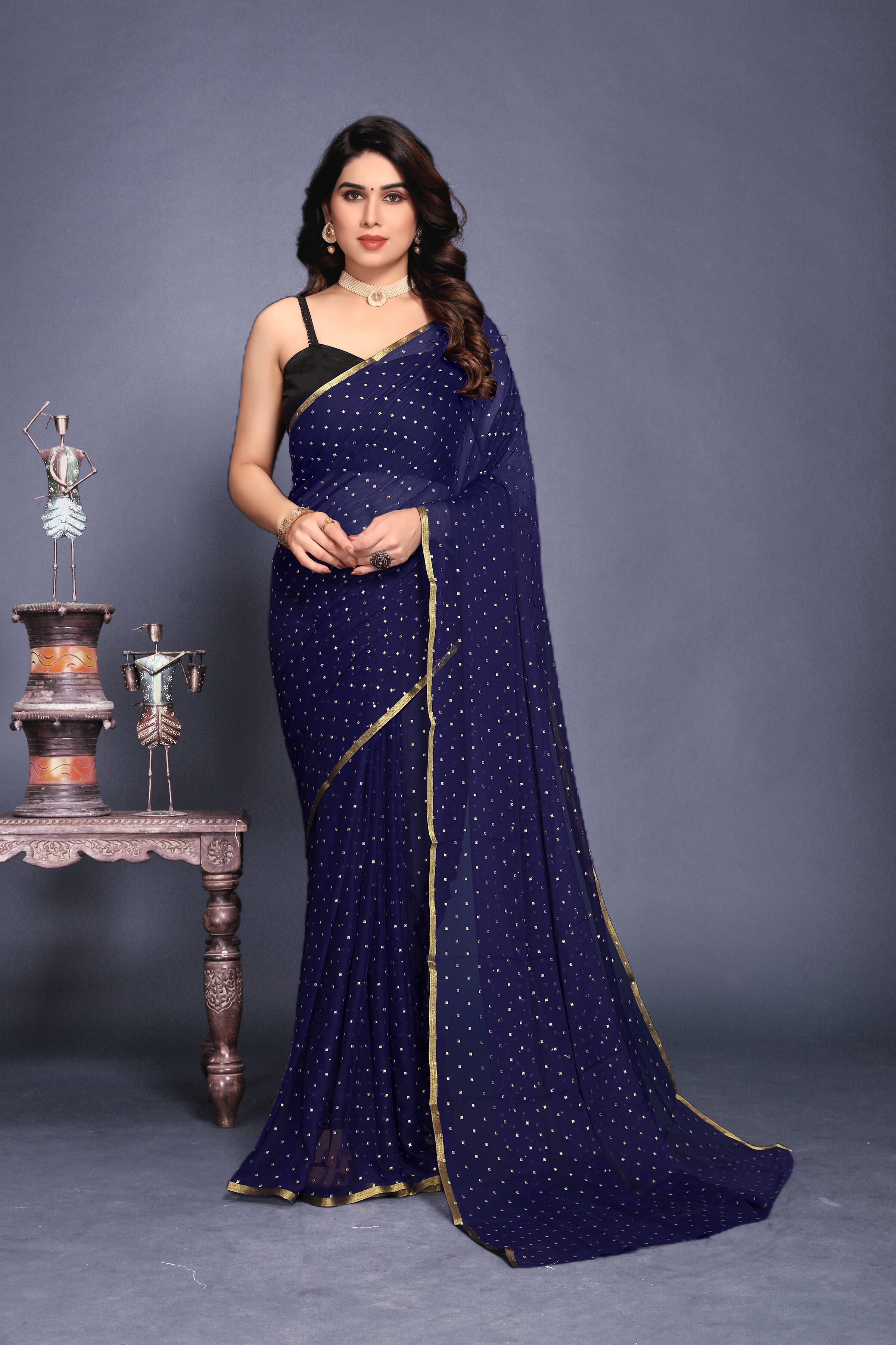 RedFish Chiffon Printed Regular Saree With Unstitched Blouse Piece ( Navy Blue ) RedFish Chiffon Printed Regular Saree With Unstitched Blouse Piece ( Navy Blue )