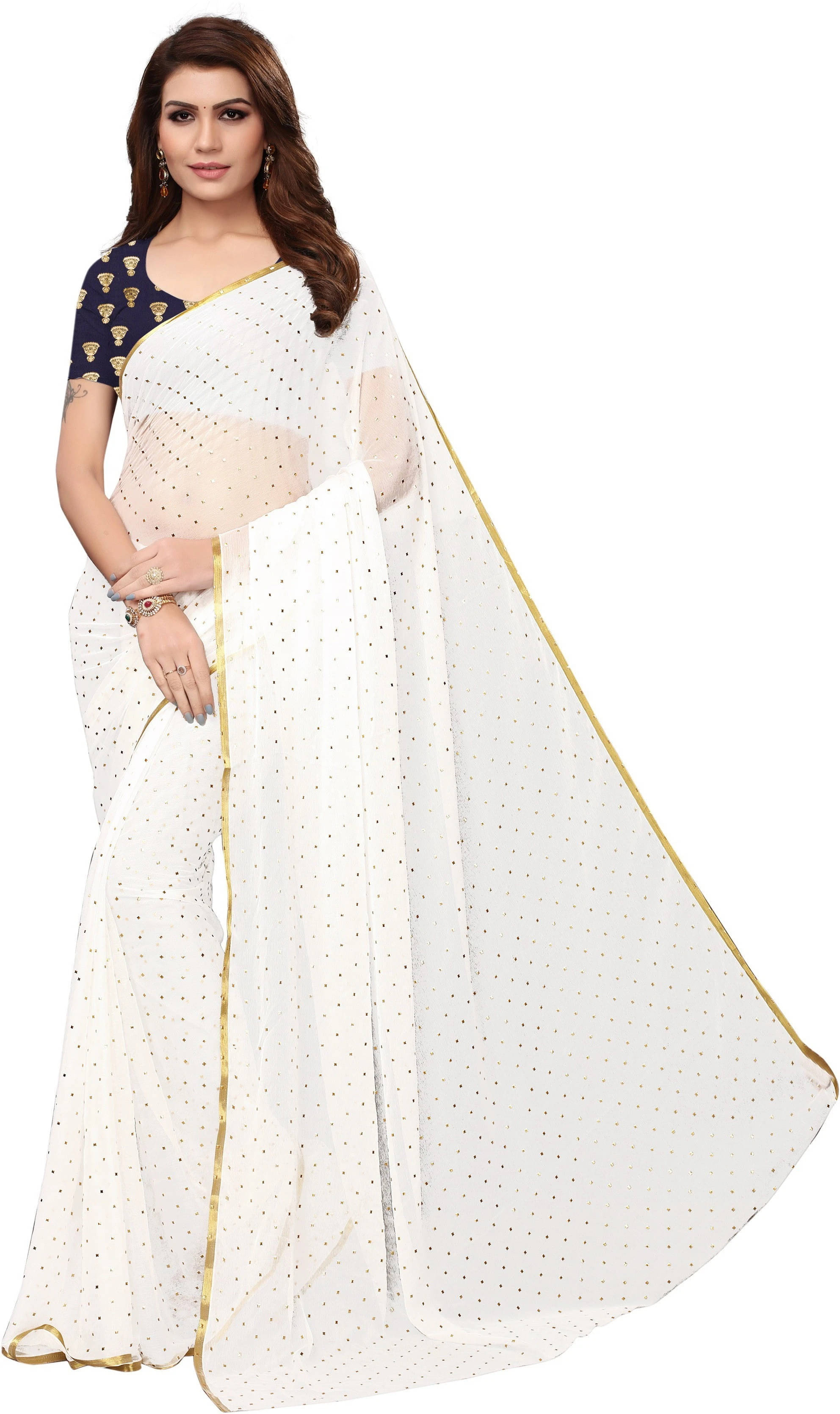 RedFish Chiffon Solid Regular Saree With Unstitched Blouse Piece ( White ) RedFish Chiffon Solid Regular Saree With Unstitched Blouse Piece ( White )